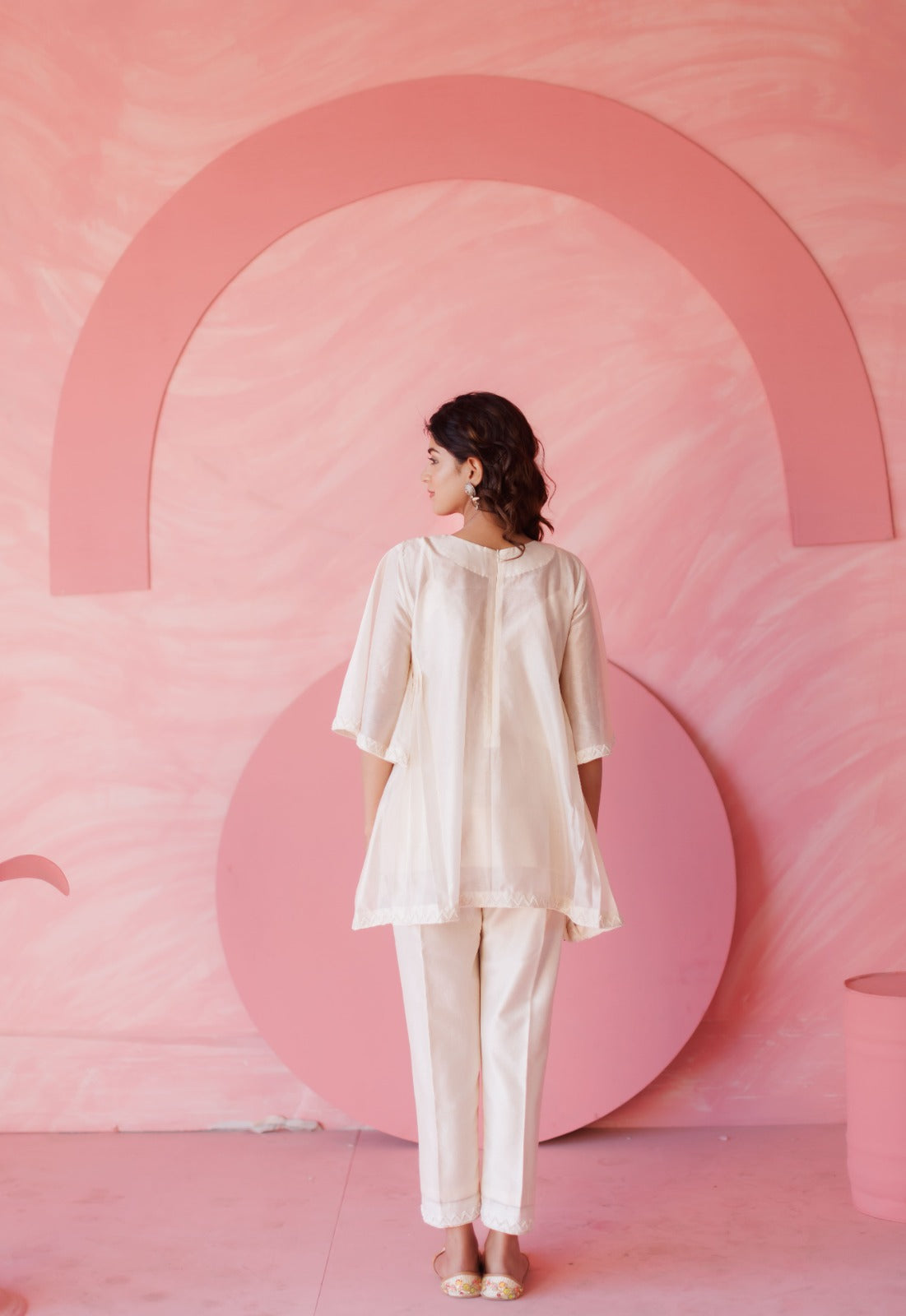 Off-white pearl embroidered side pleated co-ord set