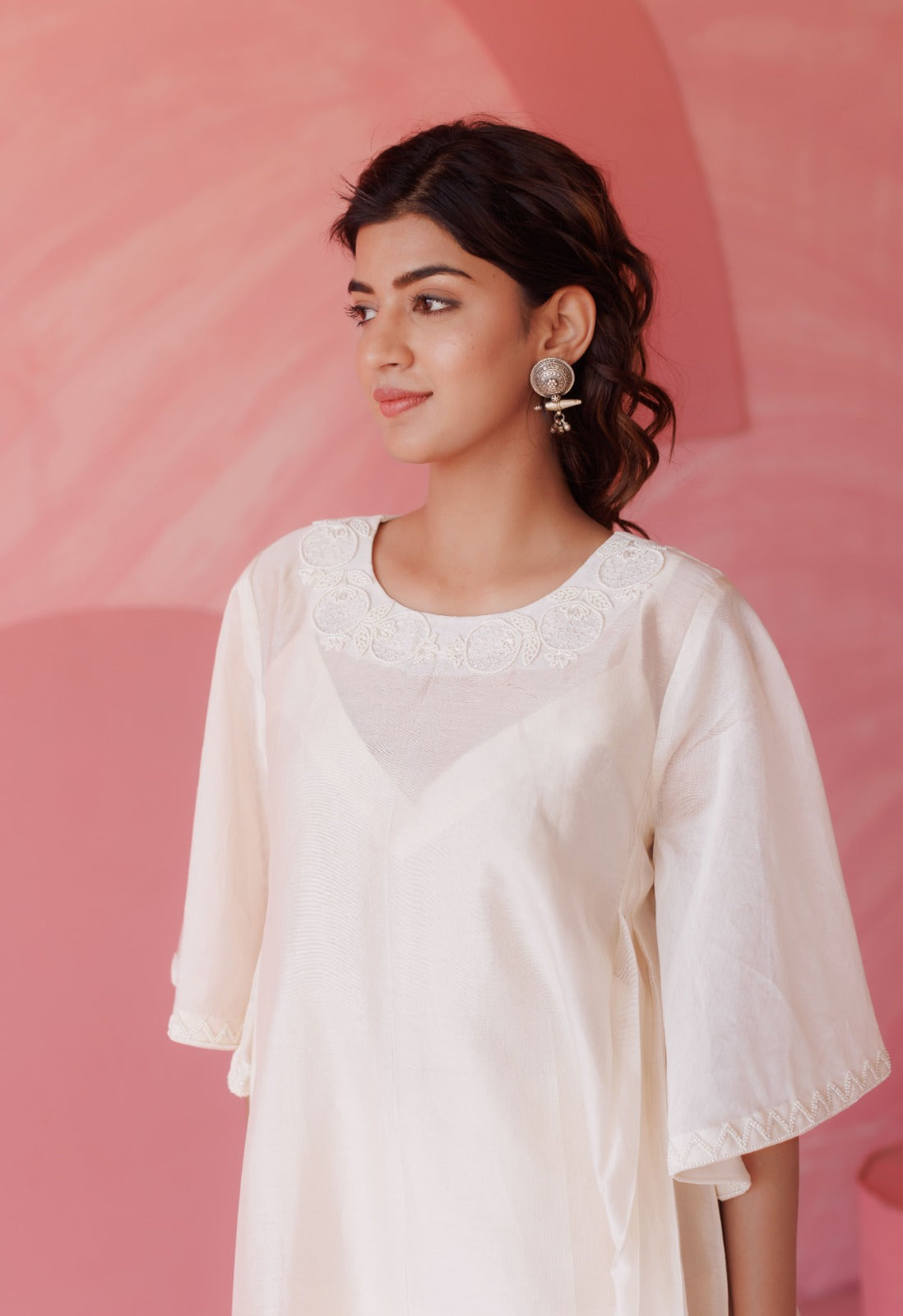 Off-white pearl embroidered side pleated co-ord set
