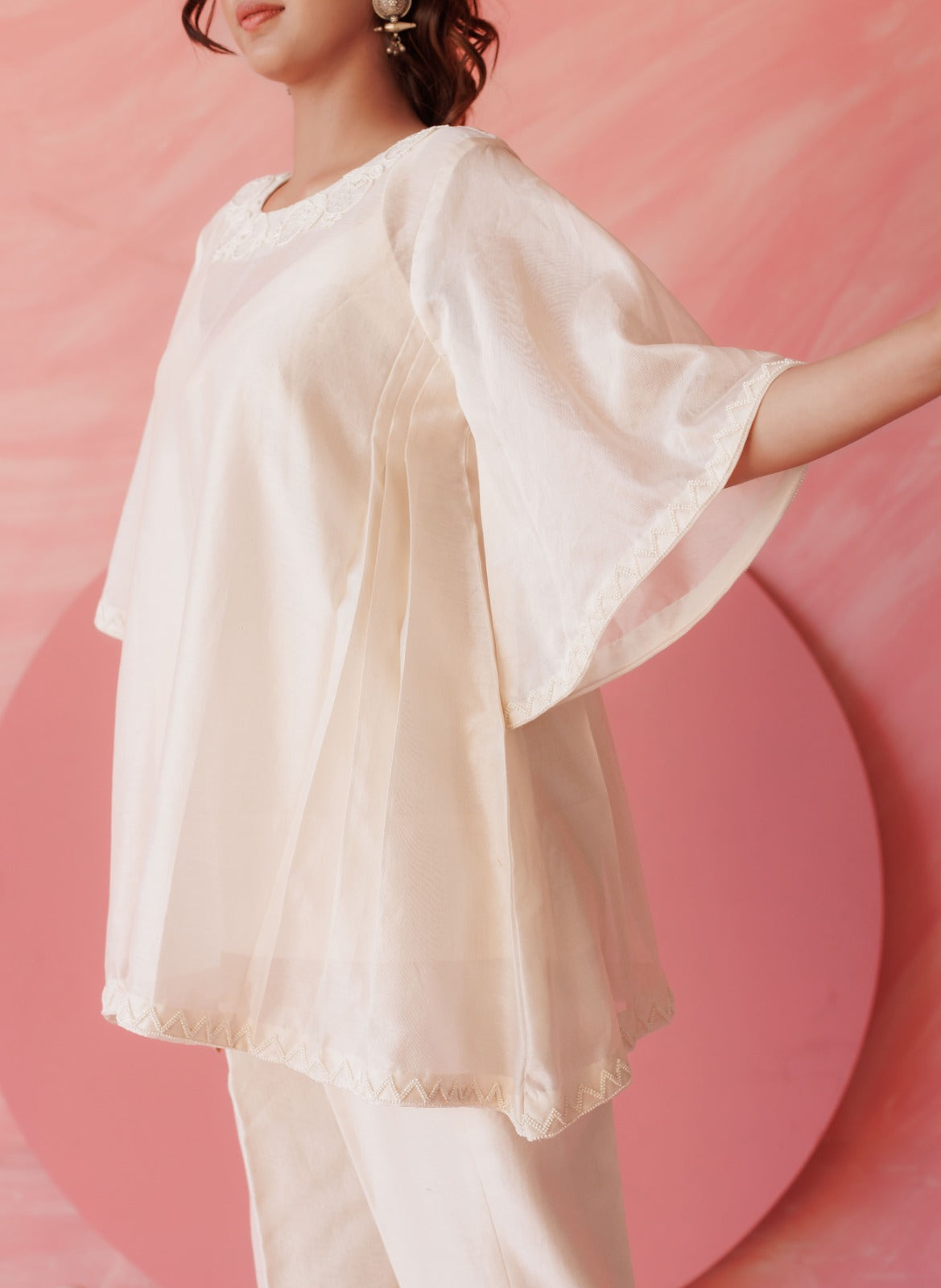 Off-white pearl embroidered side pleated co-ord set