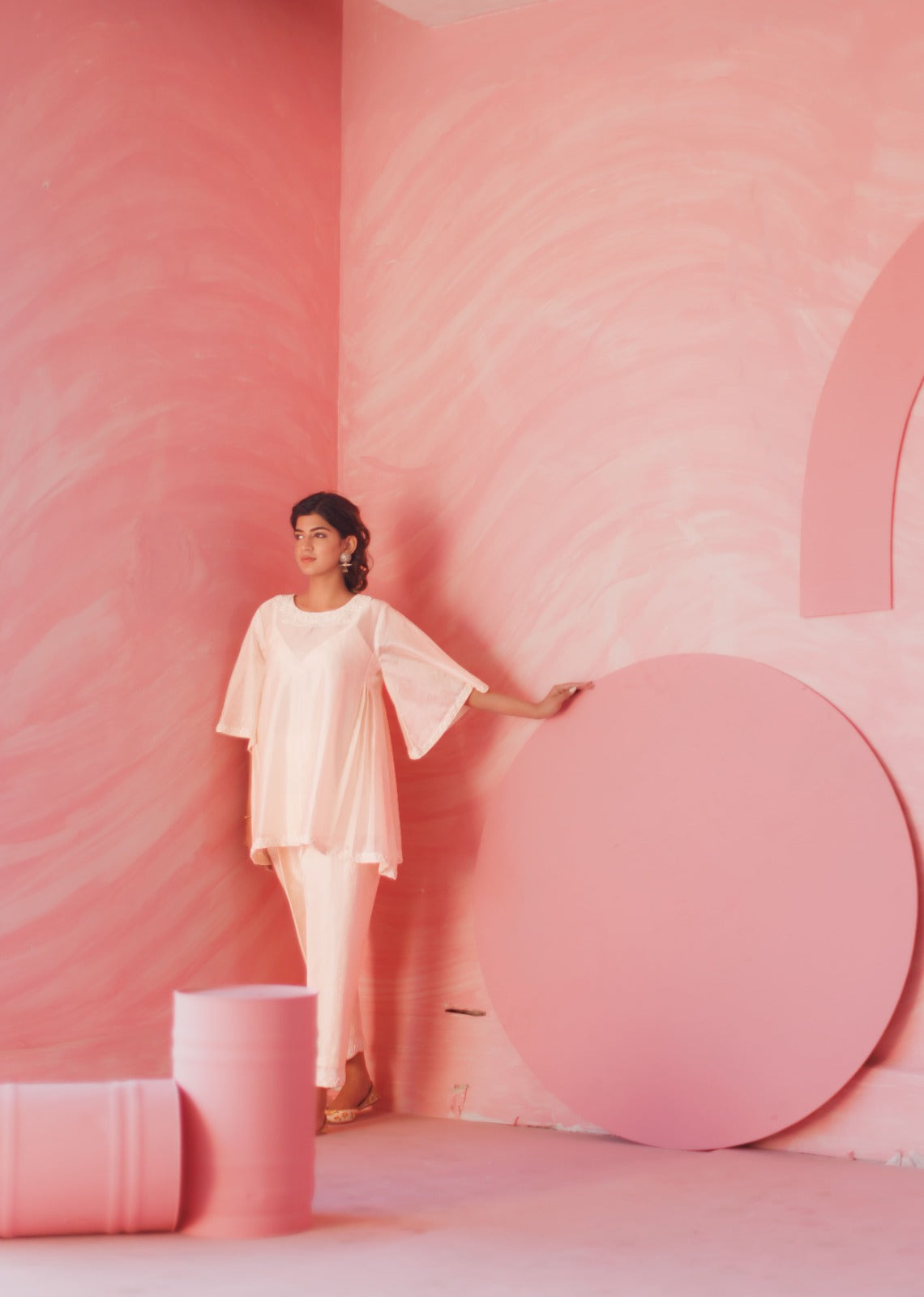 Off-white pearl embroidered side pleated co-ord set