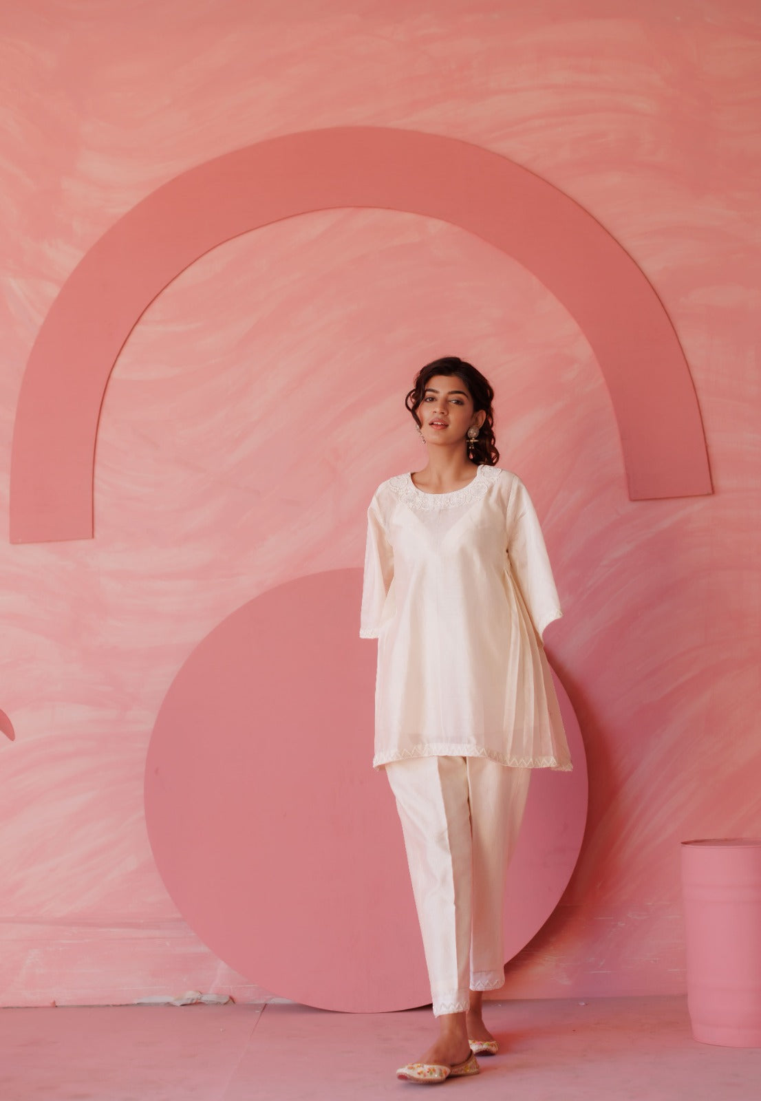 Off-white pearl embroidered side pleated co-ord set