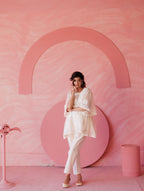 Off-white pearl embroidered side pleated co-ord set
