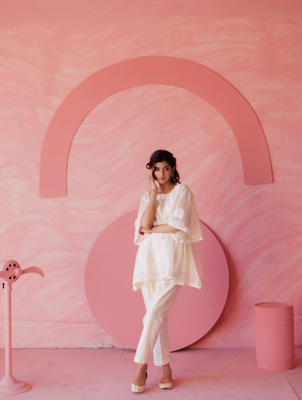 Off-white pearl embroidered side pleated co-ord set