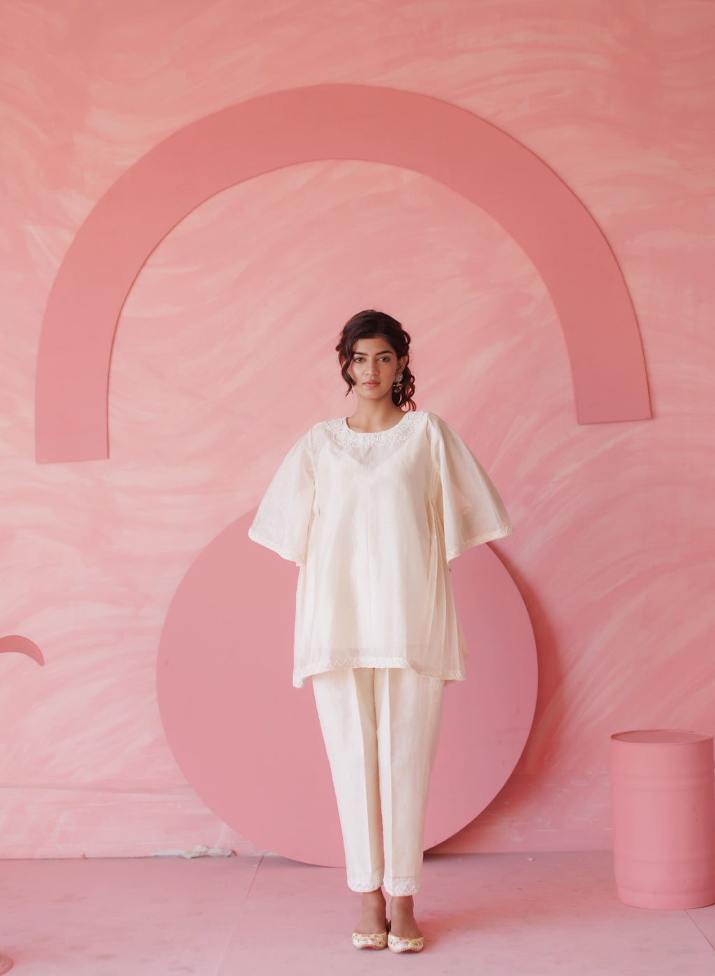 Off-white pearl embroidered side pleated co-ord set