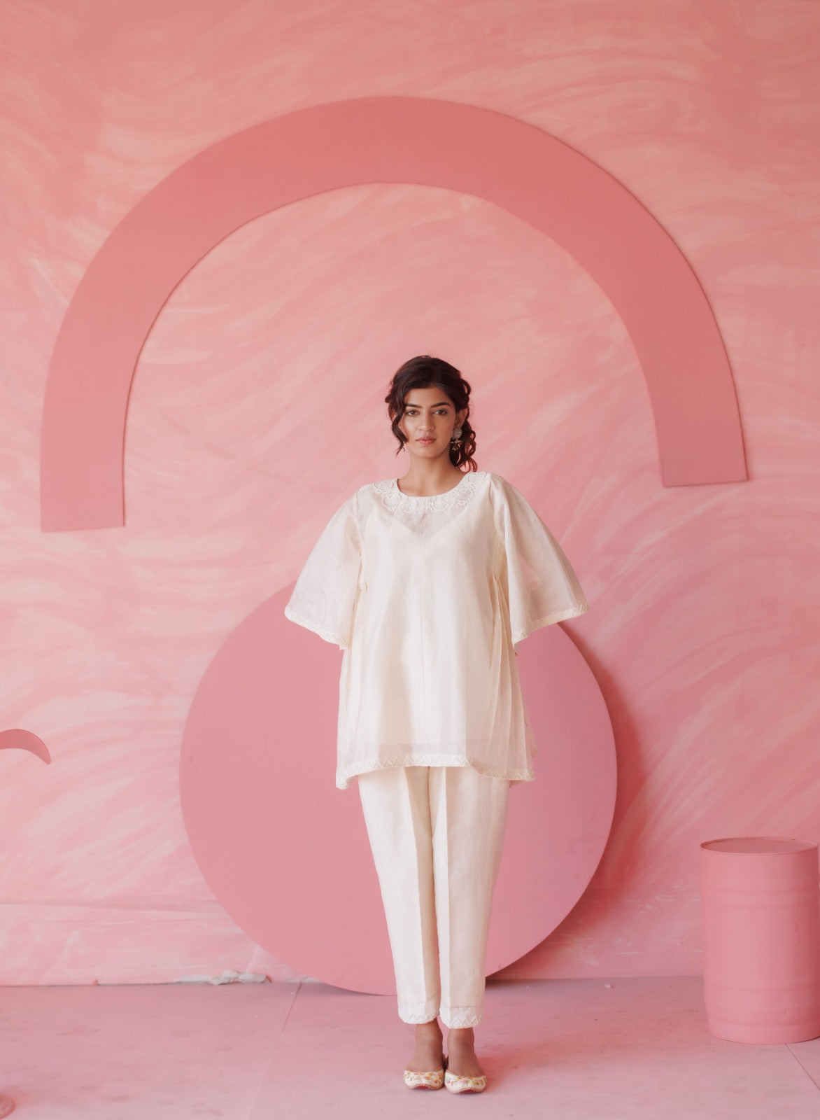 Off-white pearl embroidered side pleated co-ord set