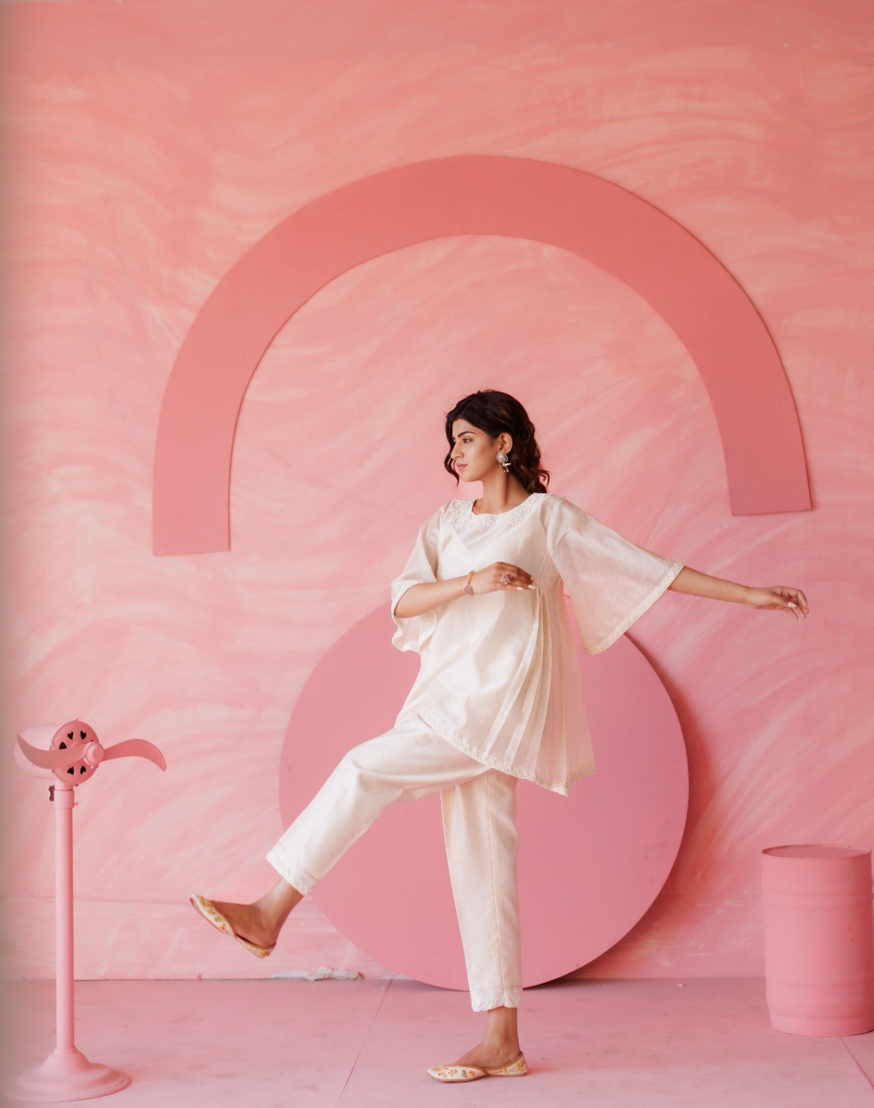 Off-white pearl embroidered side pleated co-ord set