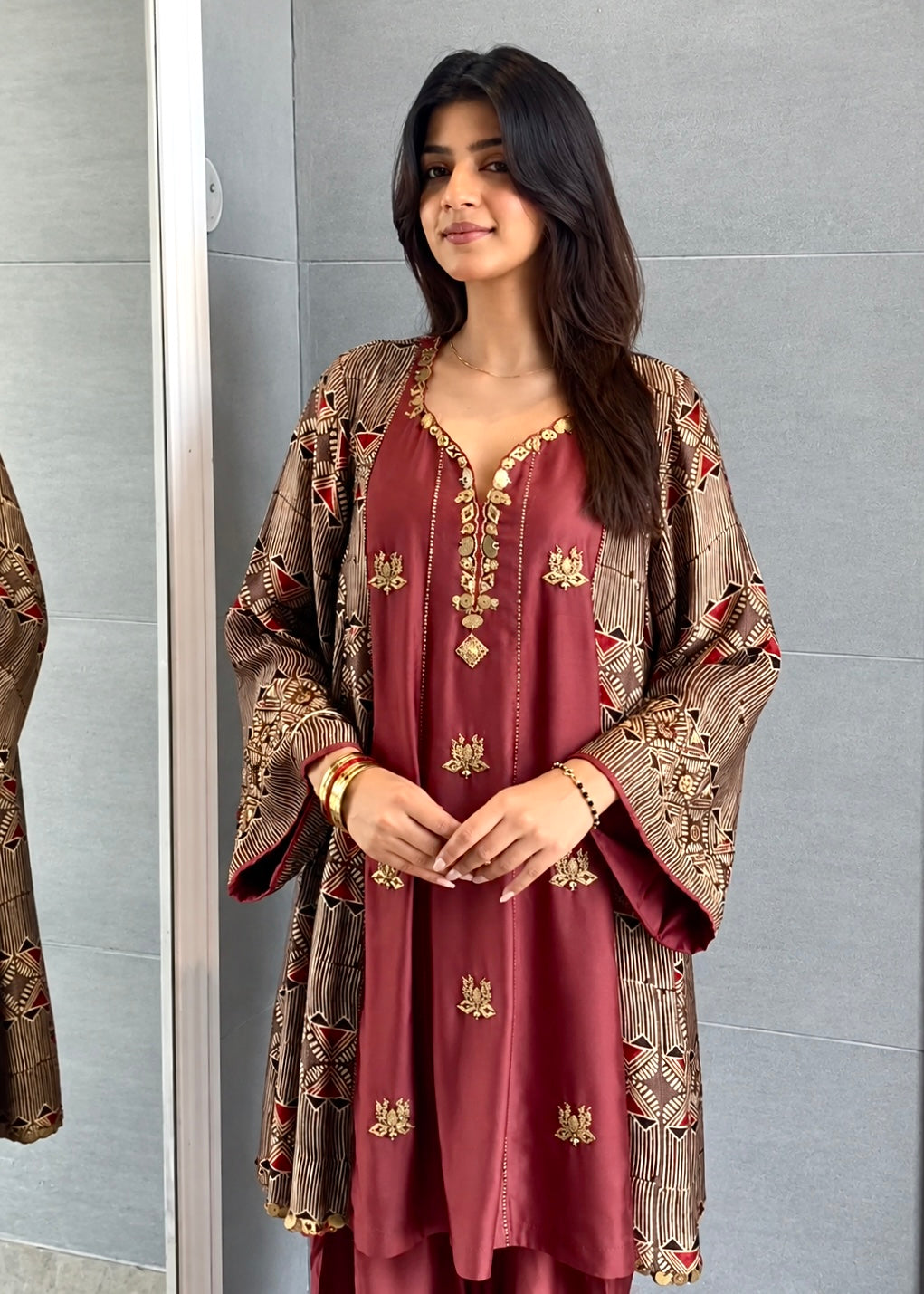 Mehroon Embroidered Short Anarkali Set