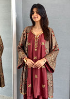 Mehroon Embroidered Short Anarkali Set