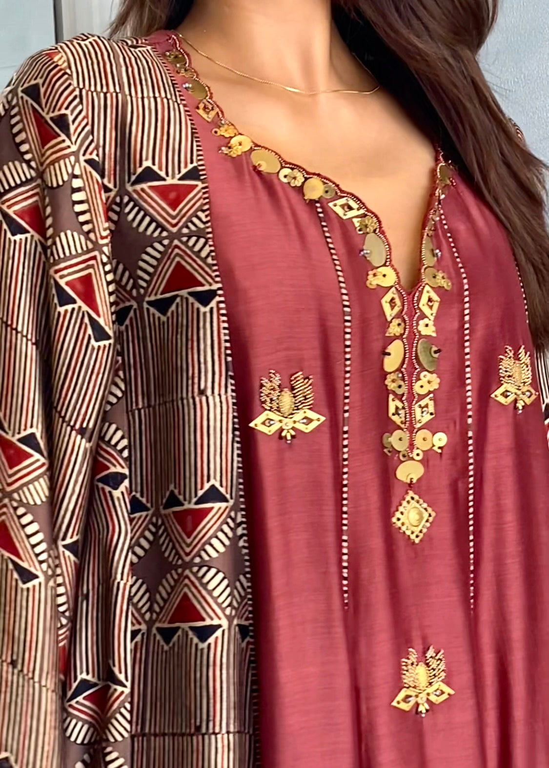Mehroon Embroidered Short Anarkali Set