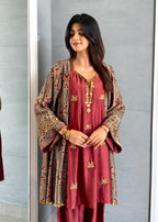 Mehroon Embroidered Short Anarkali Set