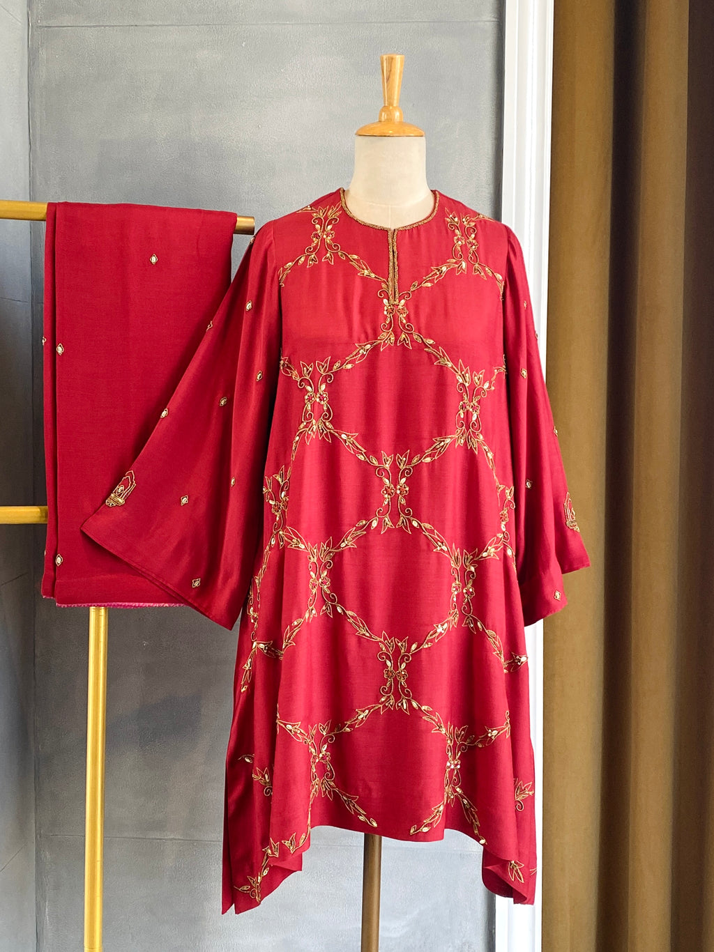 GULNAAR • Ruby Red Embroidered Silk Kurta Set