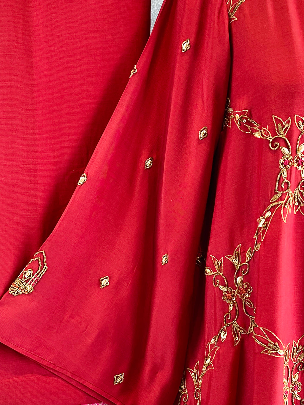 GULNAAR • Ruby Red Embroidered Silk Kurta Set