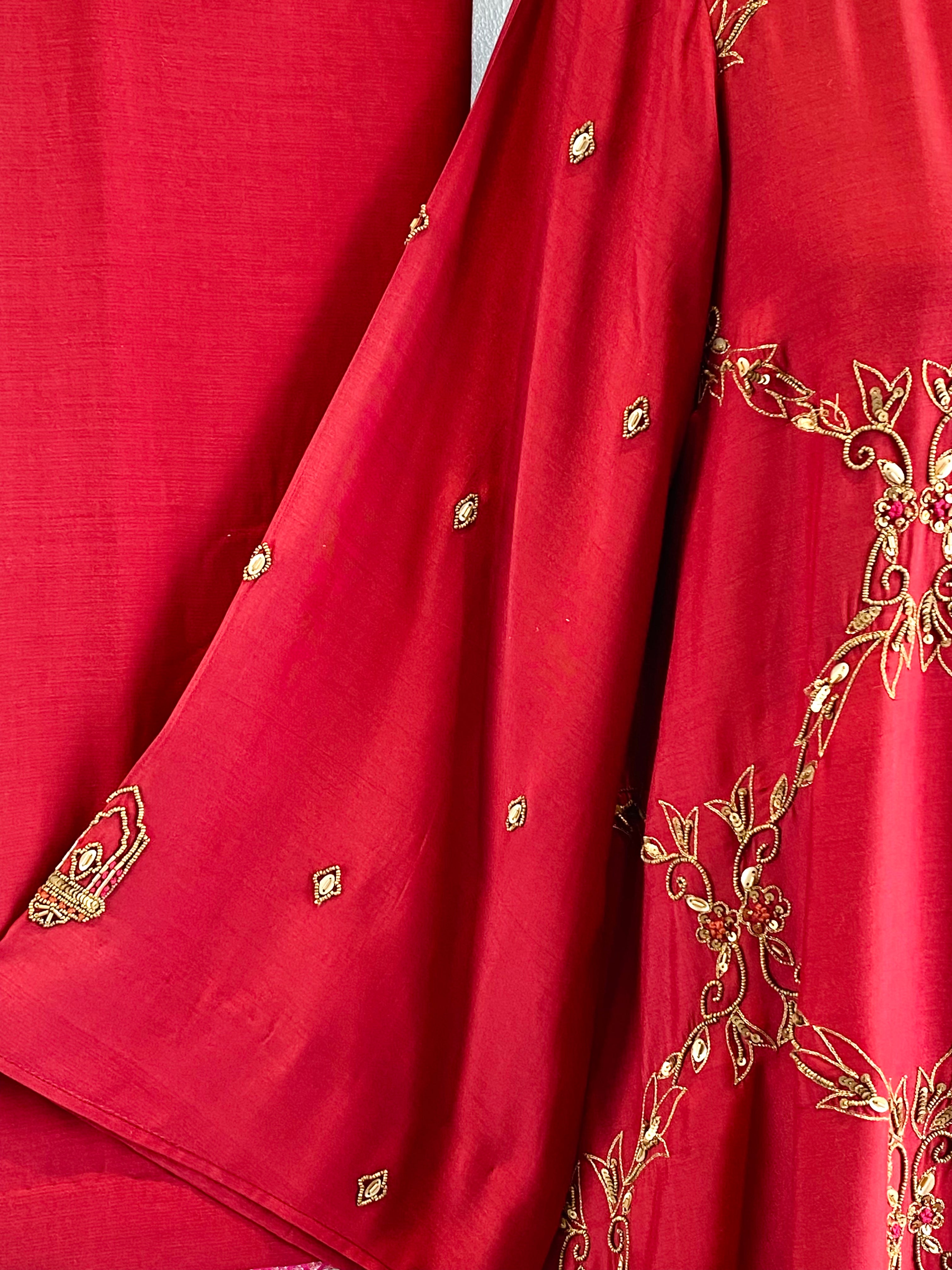 GULNAAR • Ruby Red Embroidered Silk Kurta Set
