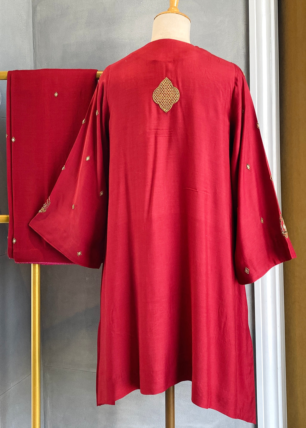 GULNAAR • Ruby Red Embroidered Silk Kurta Set