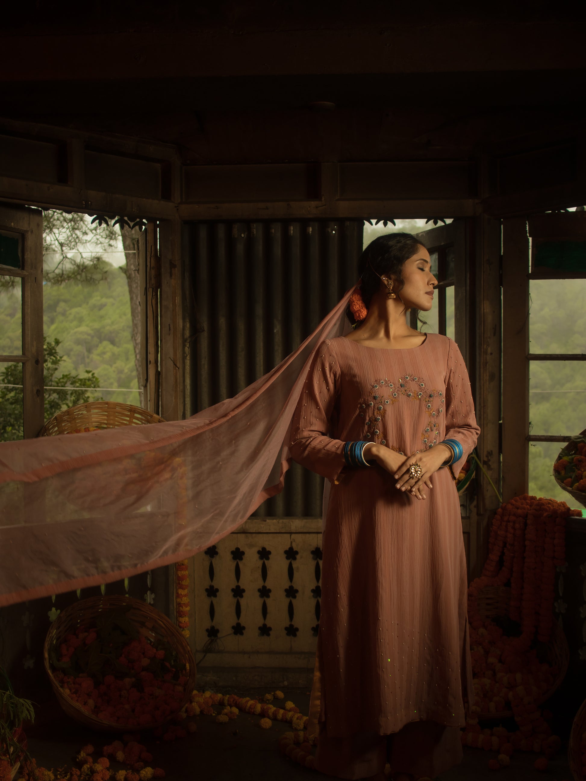 Stripe Georgette A Line Pearl and Thread Embroidered Set WIth Organza Dupatta