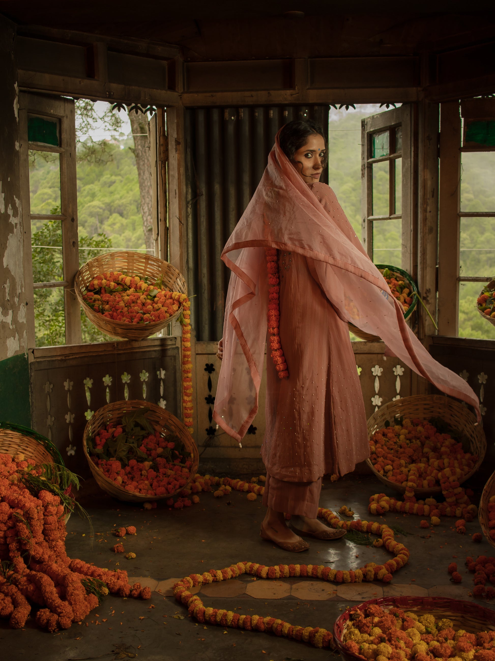 Stripe Georgette A Line Pearl and Thread Embroidered Set WIth Organza Dupatta