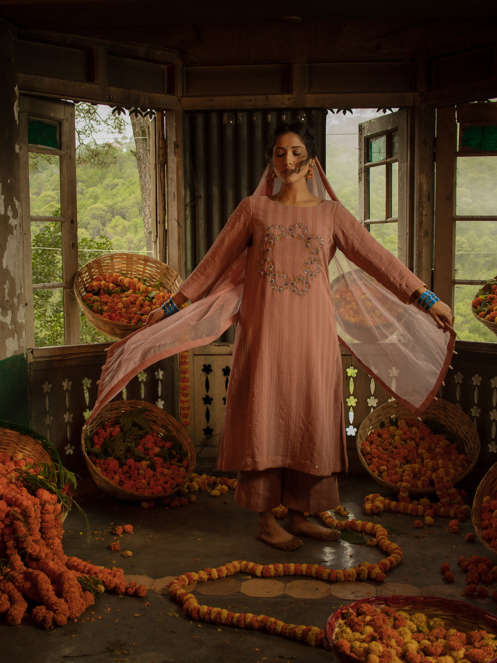 Stripe Georgette A Line Pearl and Thread Embroidered Set WIth Organza Dupatta