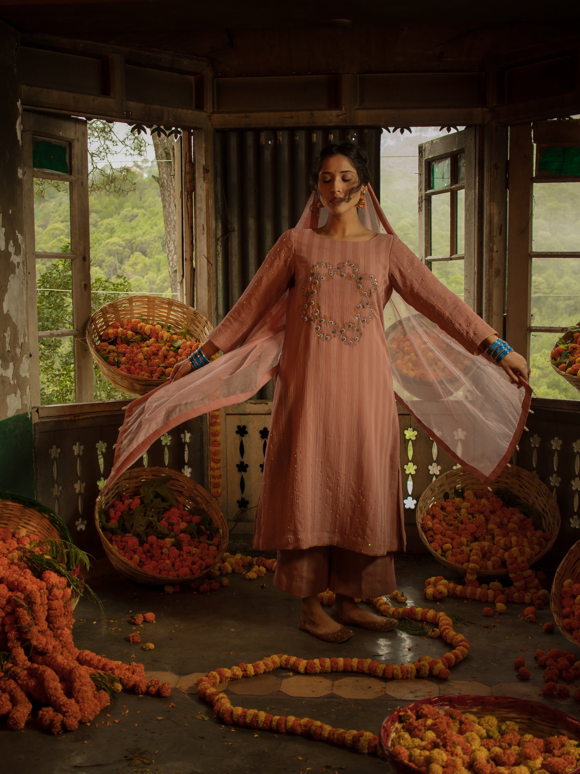Stripe Georgette A Line Pearl and Thread Embroidered Set WIth Organza Dupatta