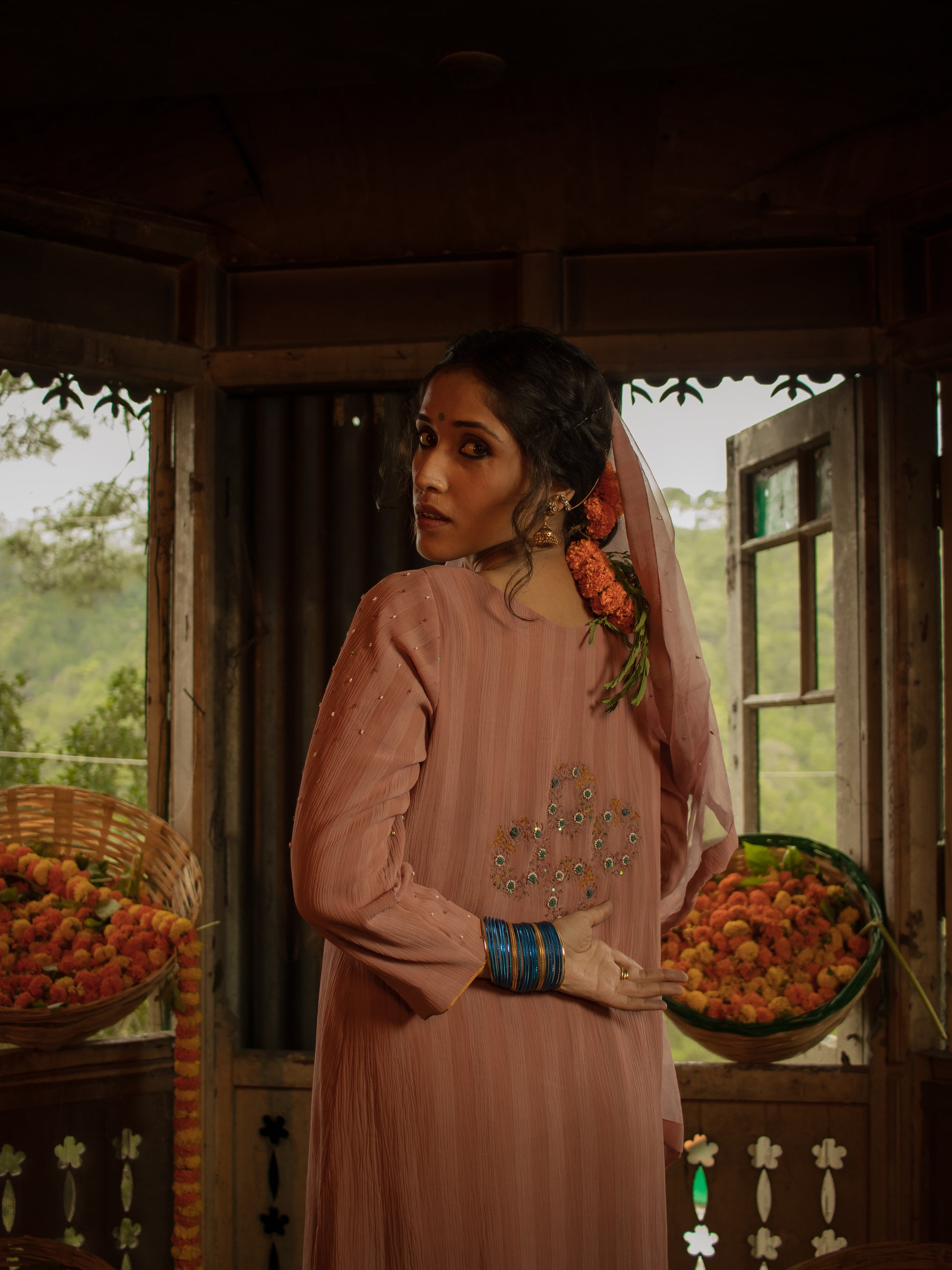 Stripe Georgette A Line Pearl and Thread Embroidered Set WIth Organza Dupatta
