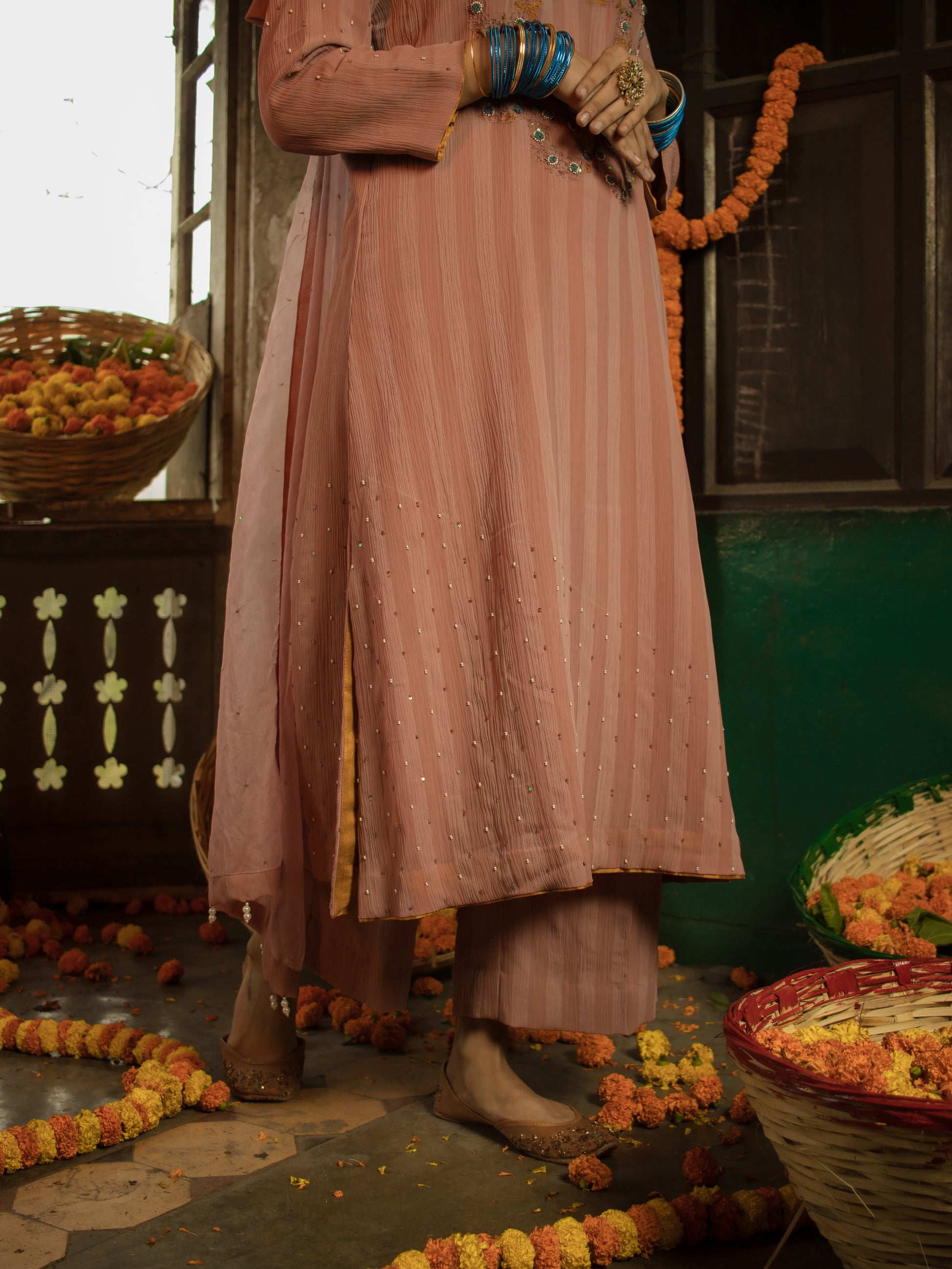 Stripe Georgette A Line Pearl and Thread Embroidered Set WIth Organza Dupatta