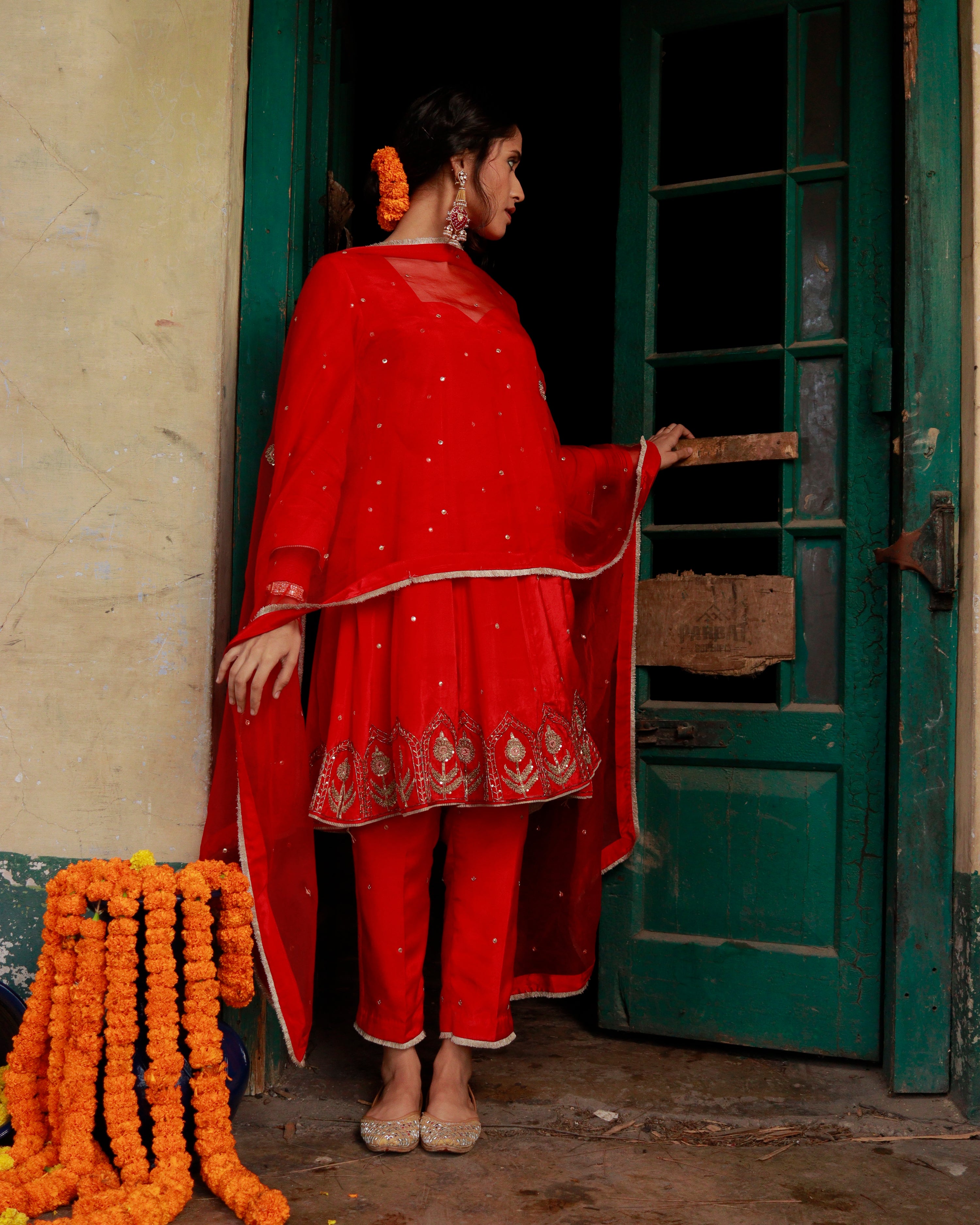 Red Silk Hand Embroidered Short Anarkali Set With Silk Organza Dupatta