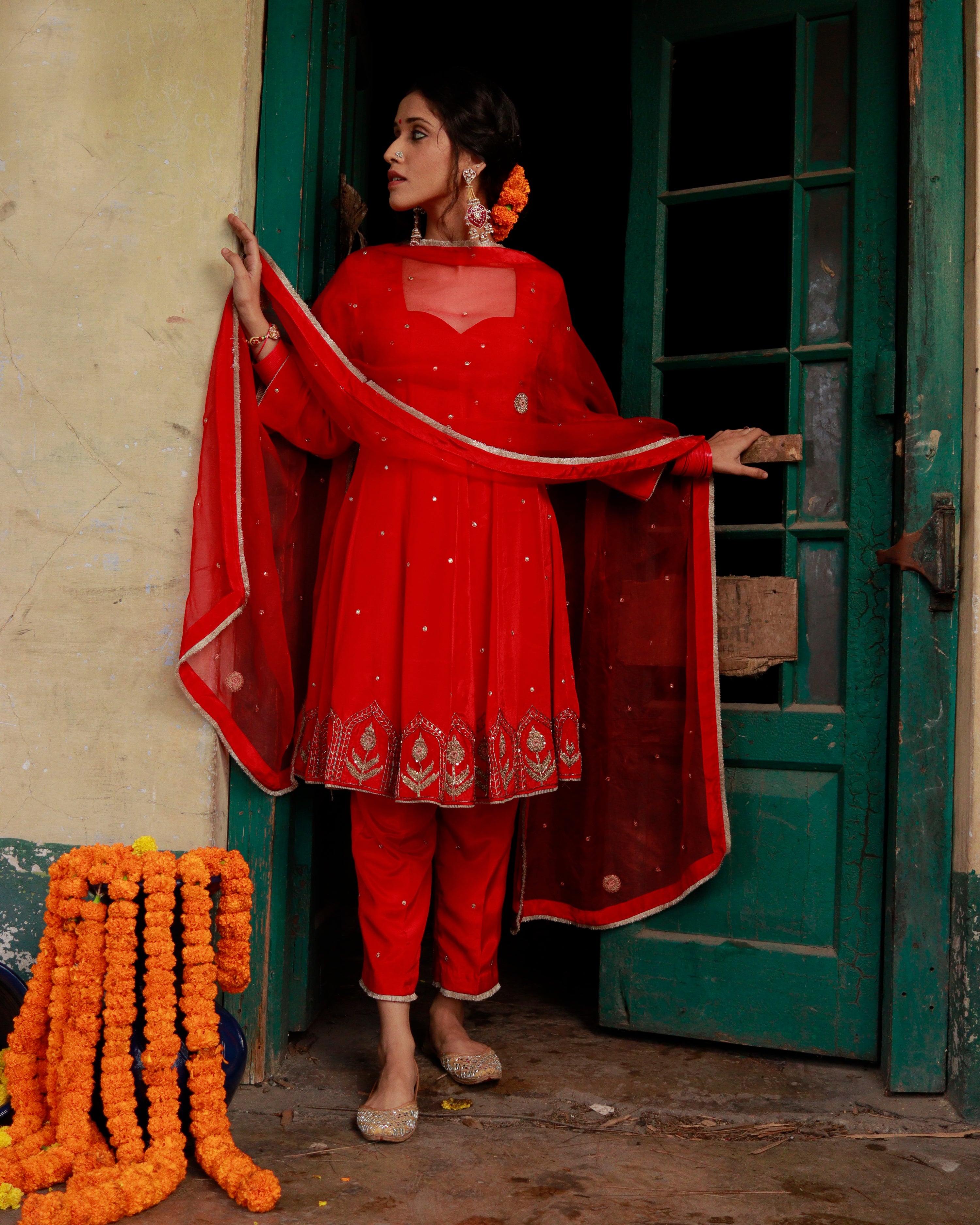 Red Silk Hand Embroidered Short Anarkali Set With Silk Organza Dupatta