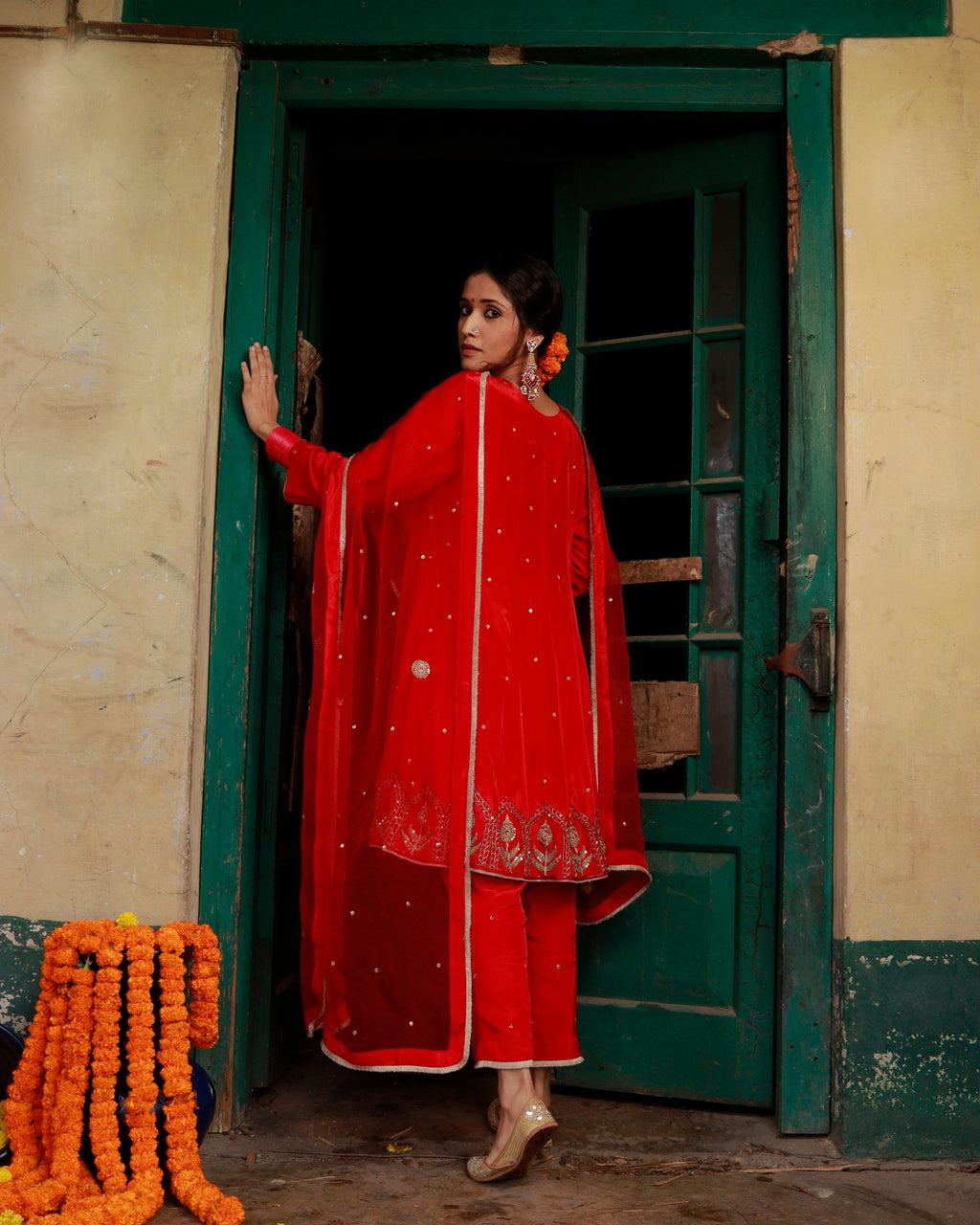 Red Silk Hand Embroidered Short Anarkali Set With Silk Organza Dupatta