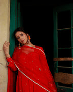 Red Silk Hand Embroidered Short Anarkali Set With Silk Organza Dupatta