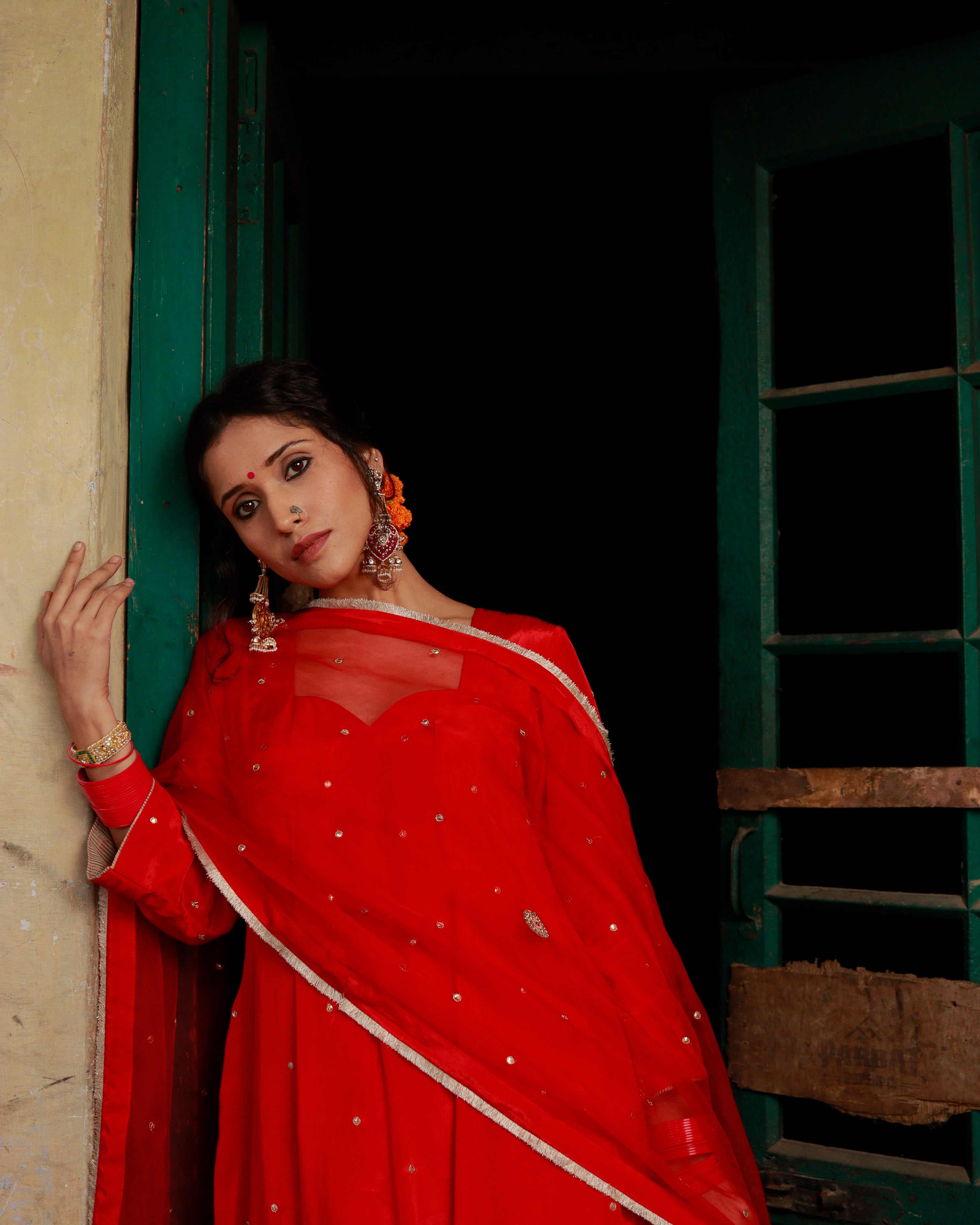 Red Silk Hand Embroidered Short Anarkali Set With Silk Organza Dupatta