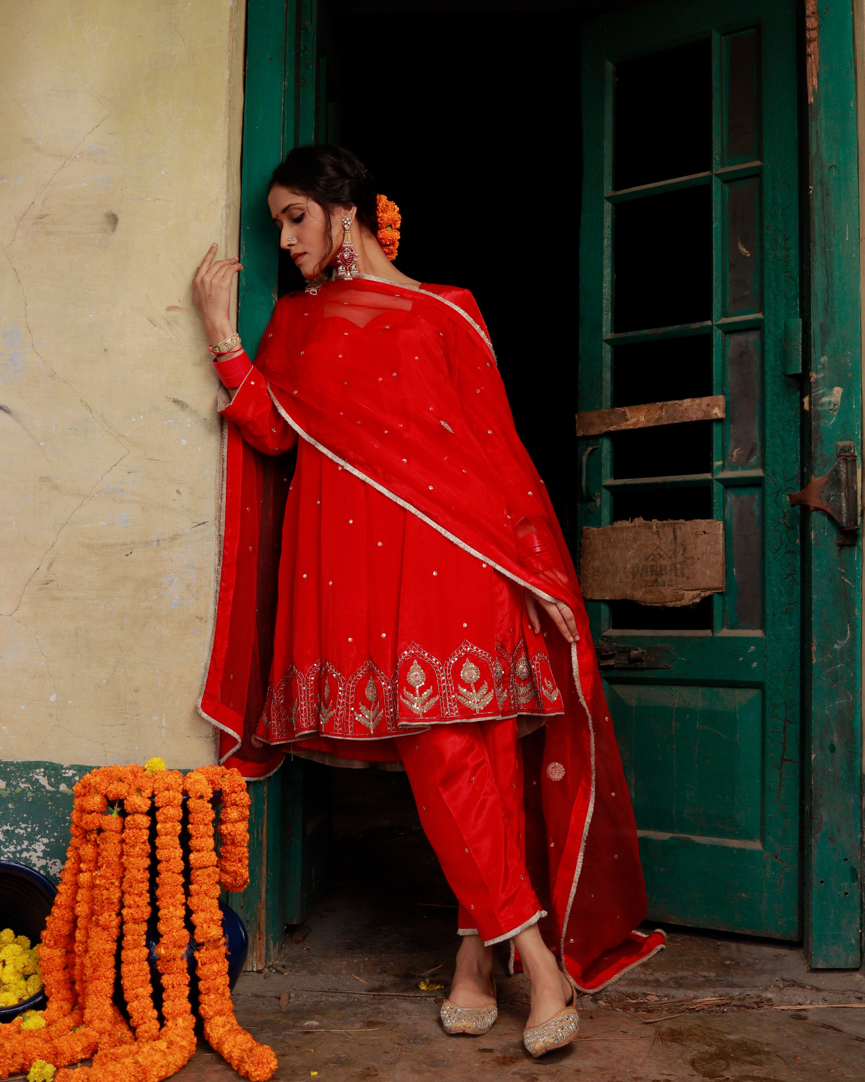 Red Silk Hand Embroidered Short Anarkali Set With Silk Organza Dupatta