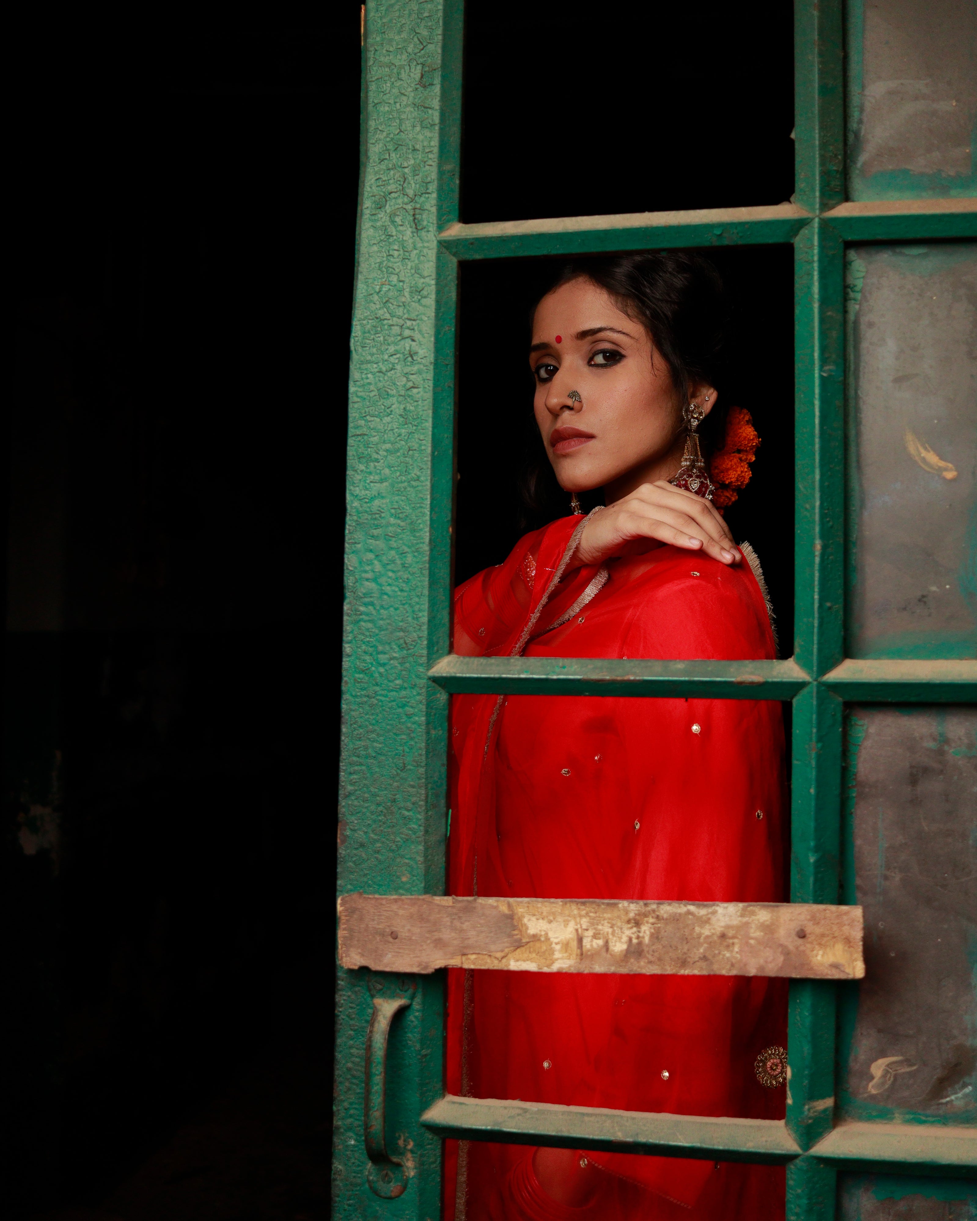 Red Silk Hand Embroidered Short Anarkali Set With Silk Organza Dupatta