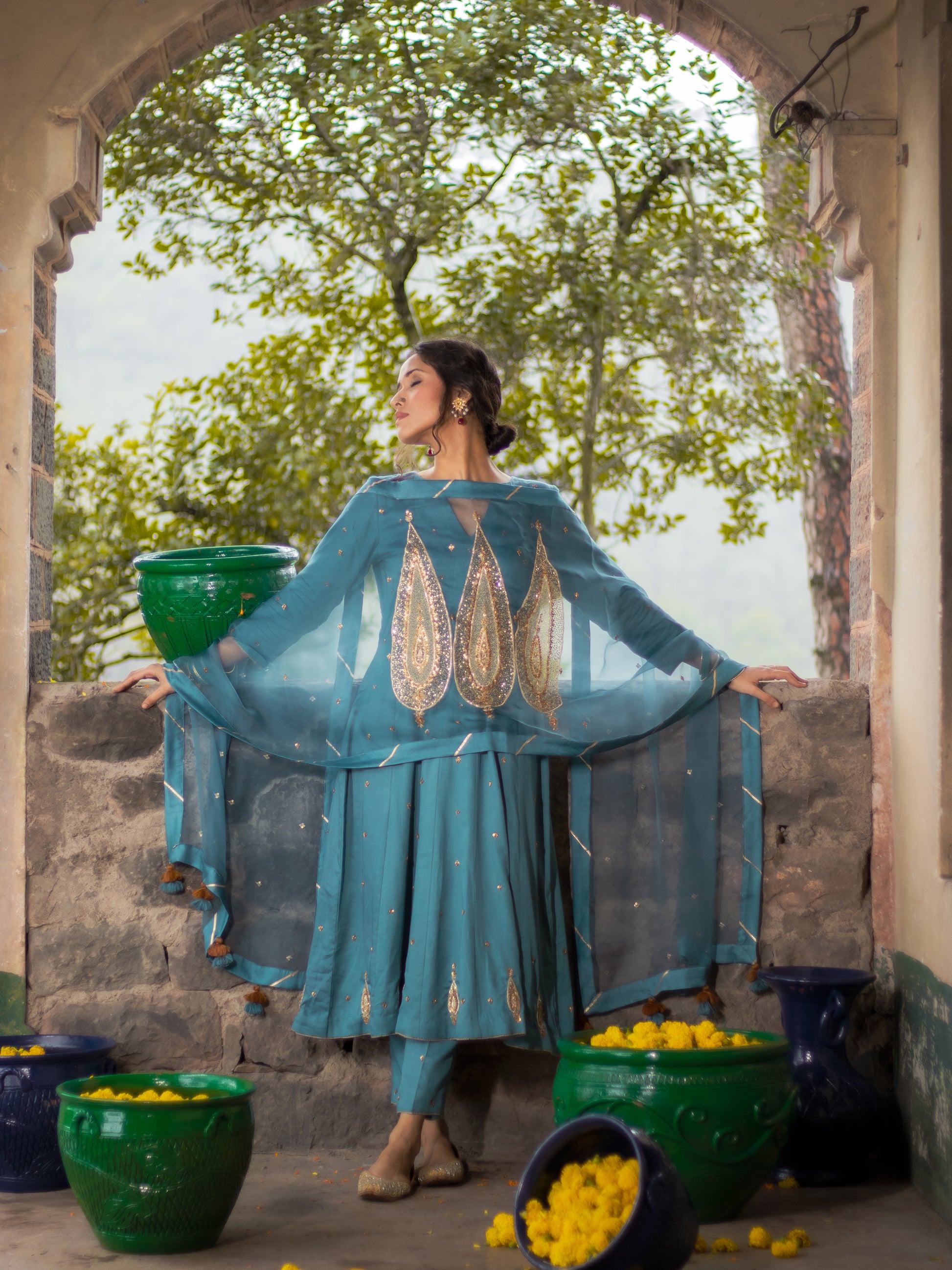 Charlotte Blue Cotton Silk Hand Embroidered Anarkali Set With Silk Organza Dupatta