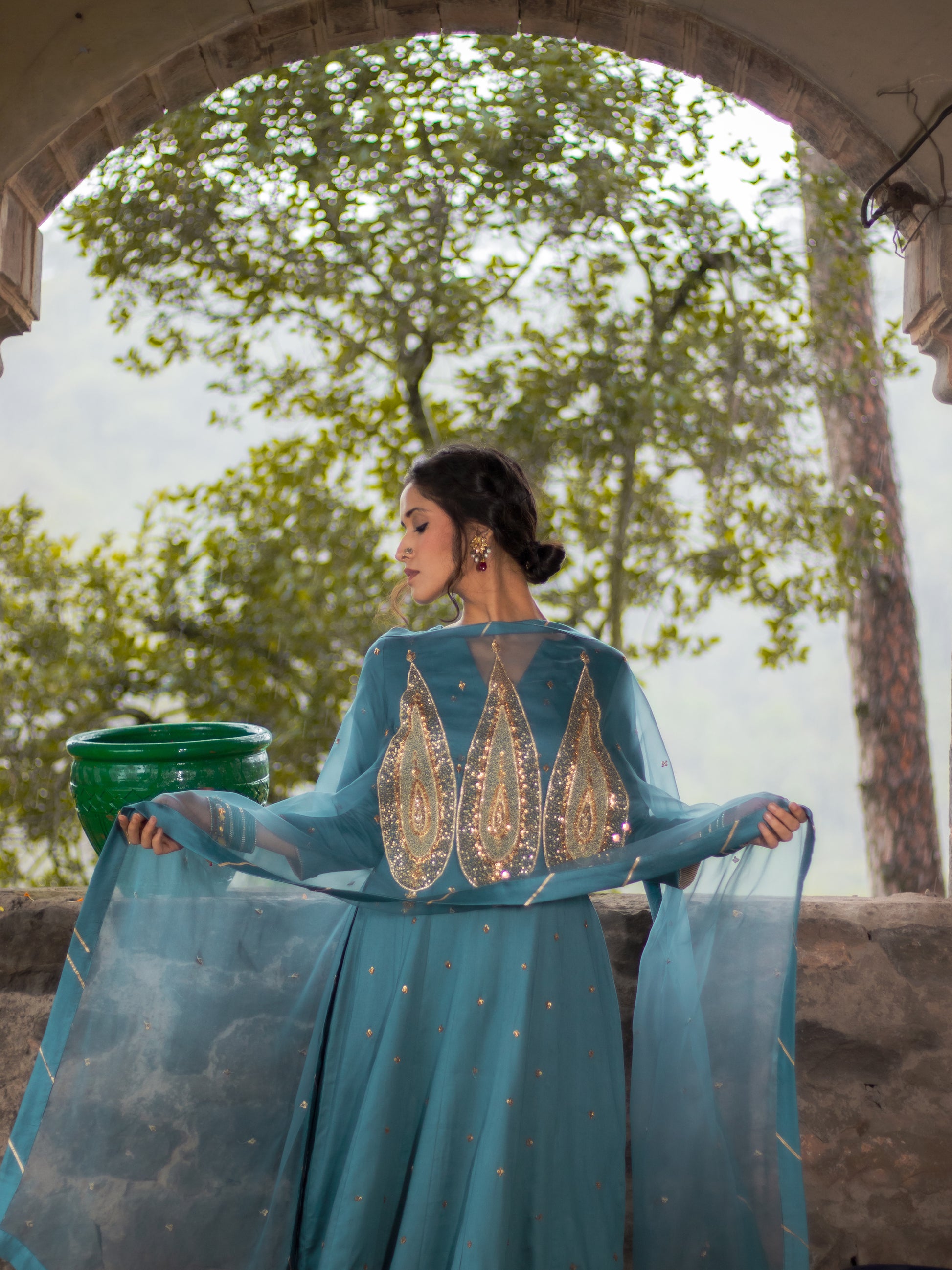 Charlotte Blue Cotton Silk Hand Embroidered Anarkali Set With Silk Organza Dupatta