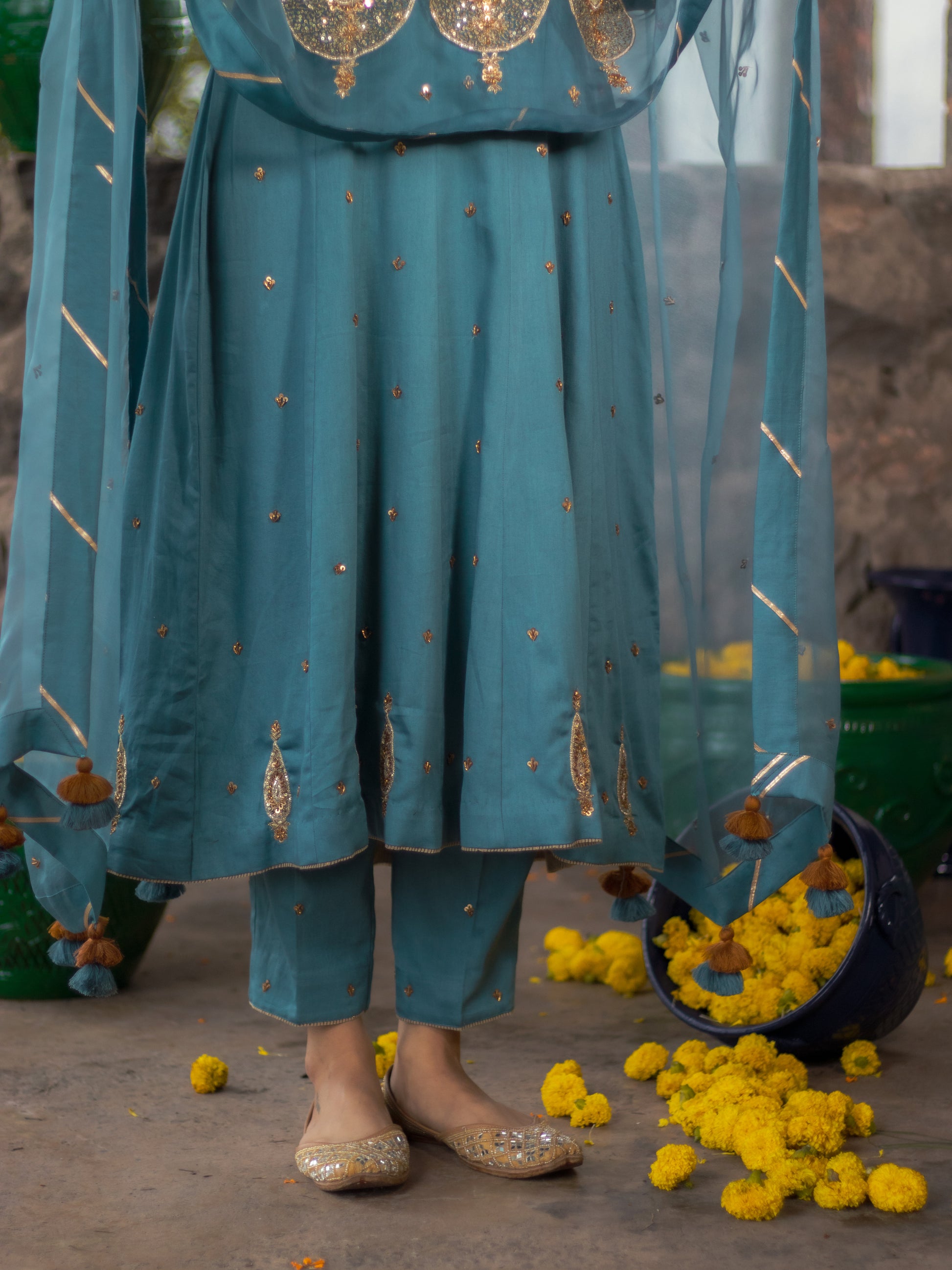 Charlotte Blue Cotton Silk Hand Embroidered Anarkali Set With Silk Organza Dupatta