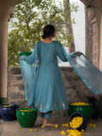 Charlotte Blue Cotton Silk Hand Embroidered Anarkali Set With Silk Organza Dupatta