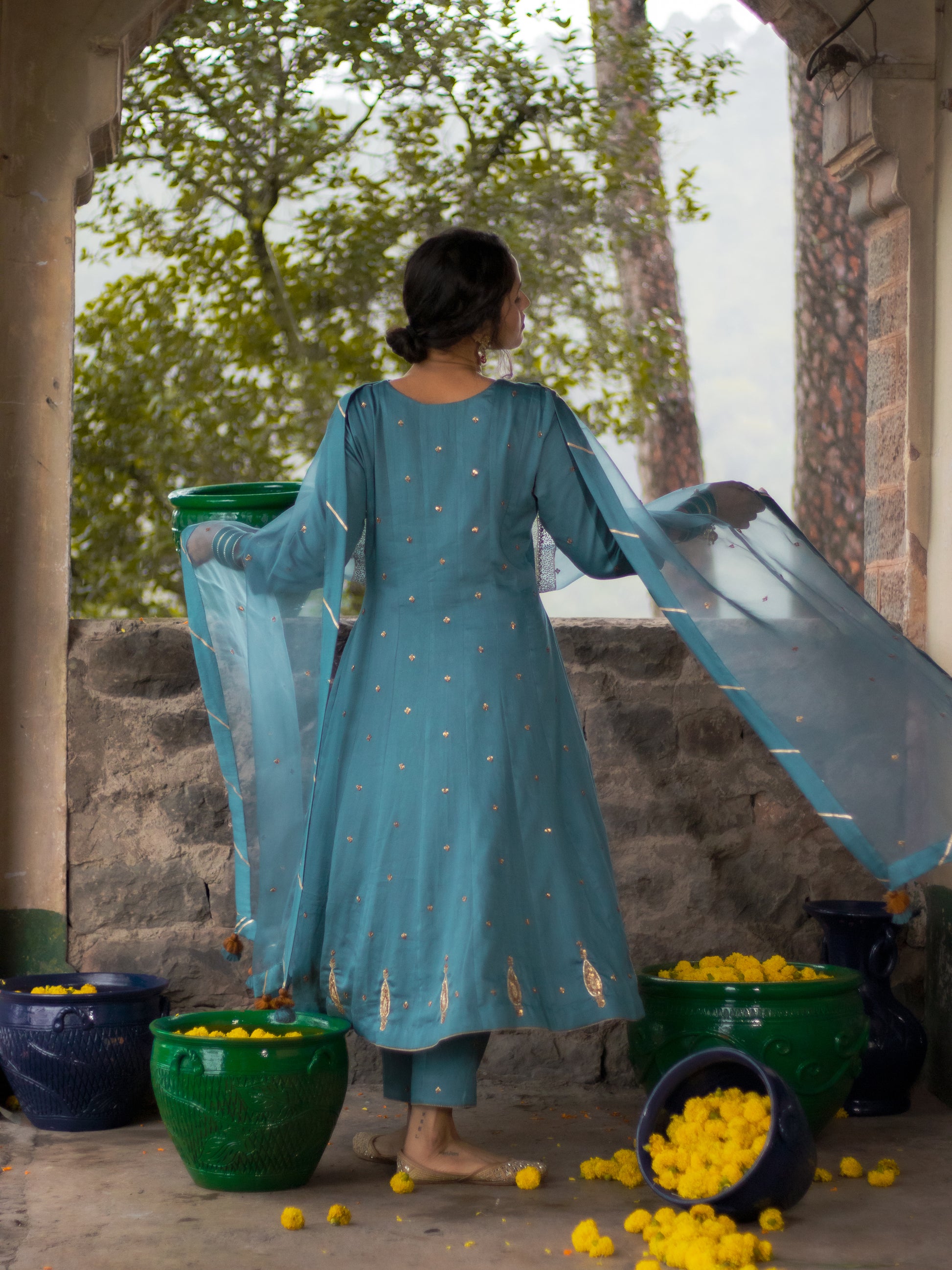 Charlotte Blue Cotton Silk Hand Embroidered Anarkali Set With Silk Organza Dupatta
