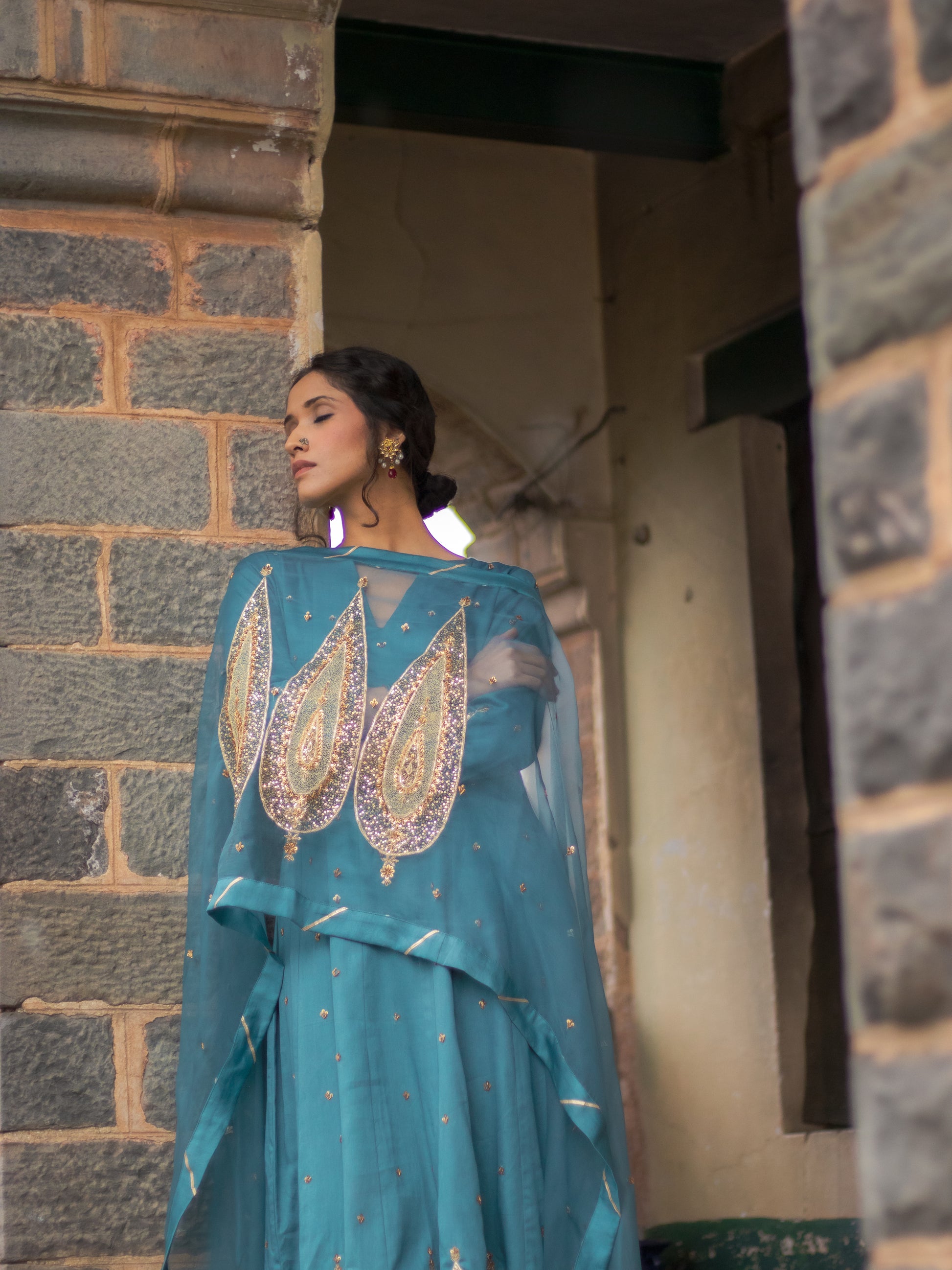Charlotte Blue Cotton Silk Hand Embroidered Anarkali Set With Silk Organza Dupatta