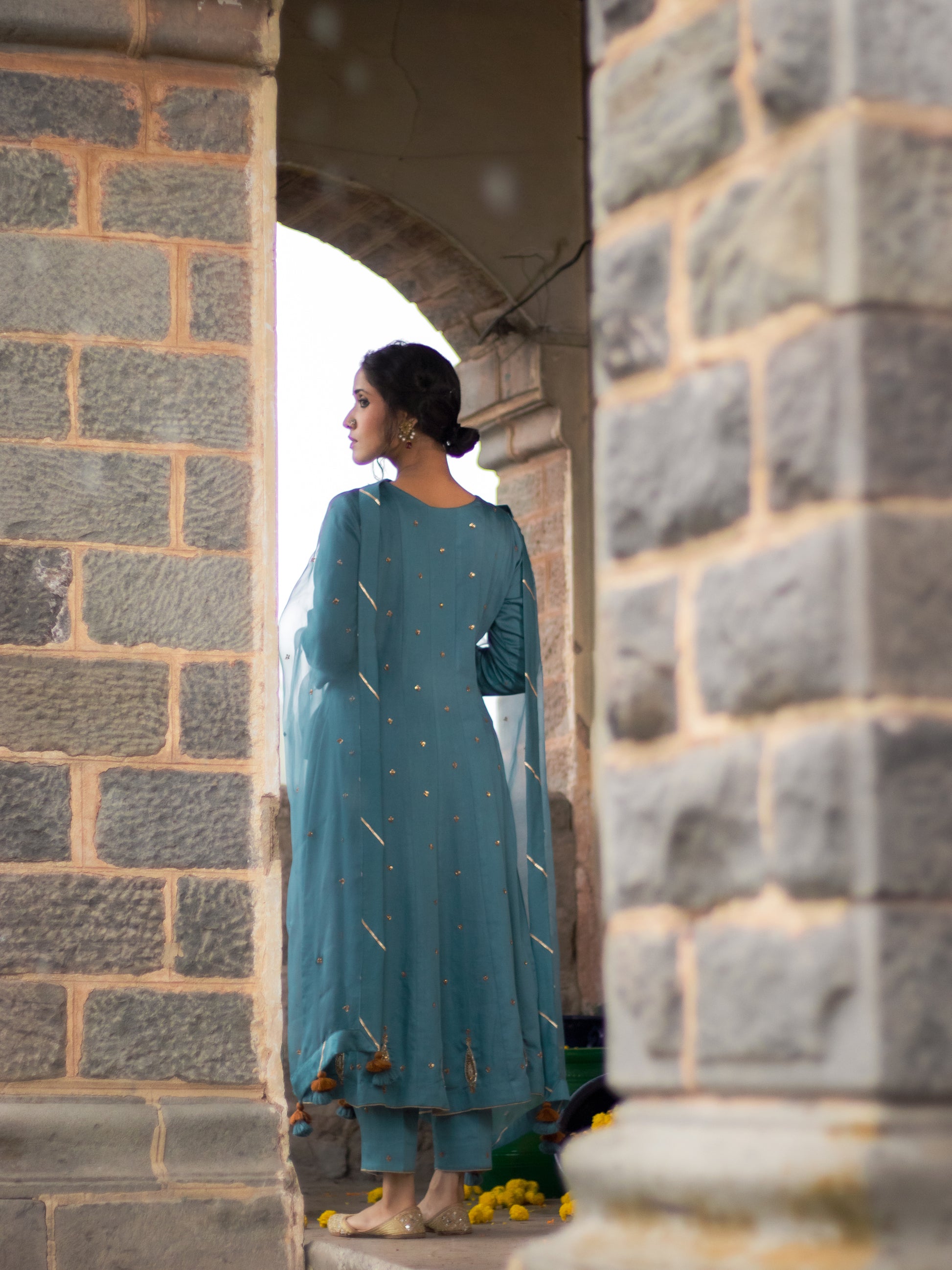 Charlotte Blue Cotton Silk Hand Embroidered Anarkali Set With Silk Organza Dupatta