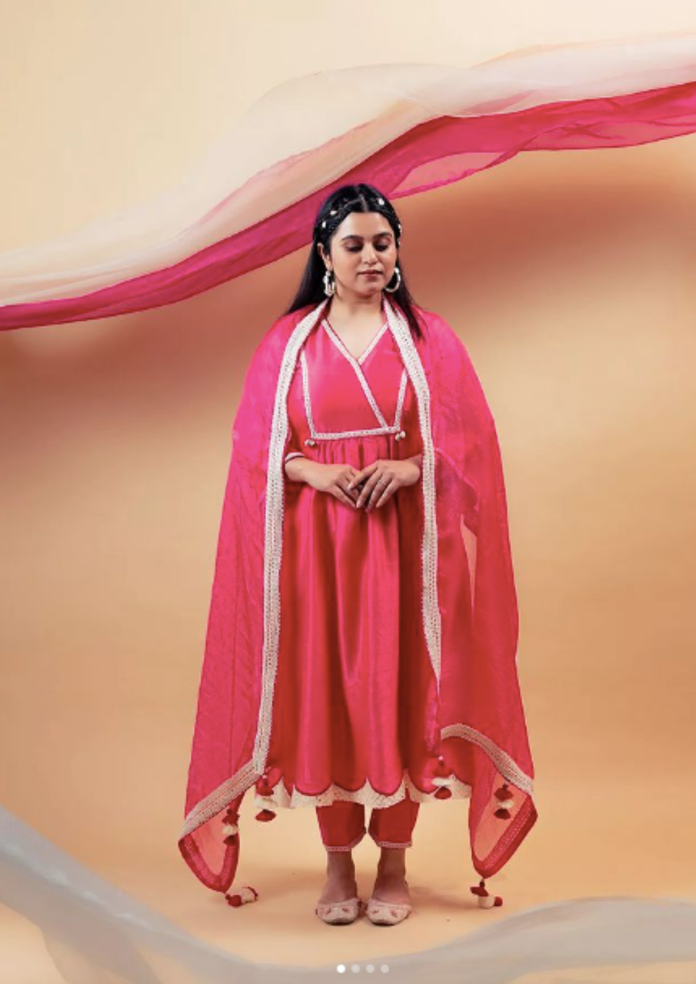 Fushia Pink Silk Chanderi Kurta with Pants and Dupatta