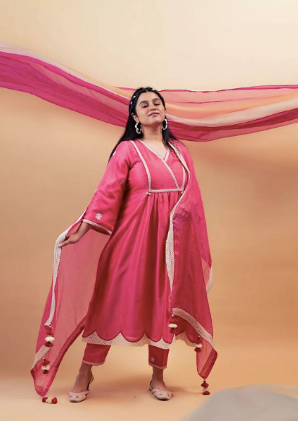 Fushia Pink Silk Chanderi Kurta with Pants and Dupatta