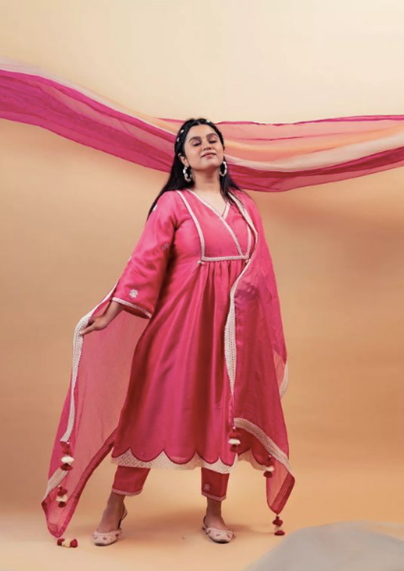 Fushia Pink Silk Chanderi Kurta with Pants and Dupatta