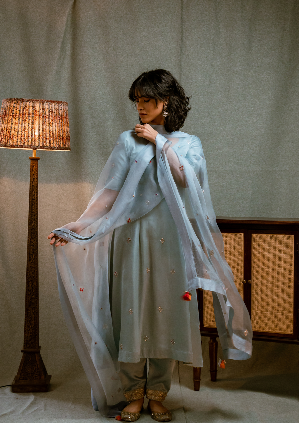 Blue A Line Kurta with Pakistani Salwar and Dupatta