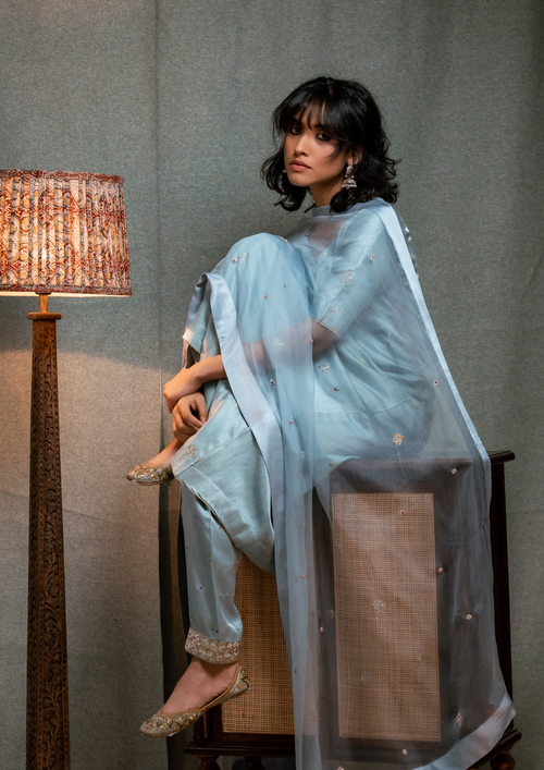 Blue A Line Kurta with Pakistani Salwar and Dupatta