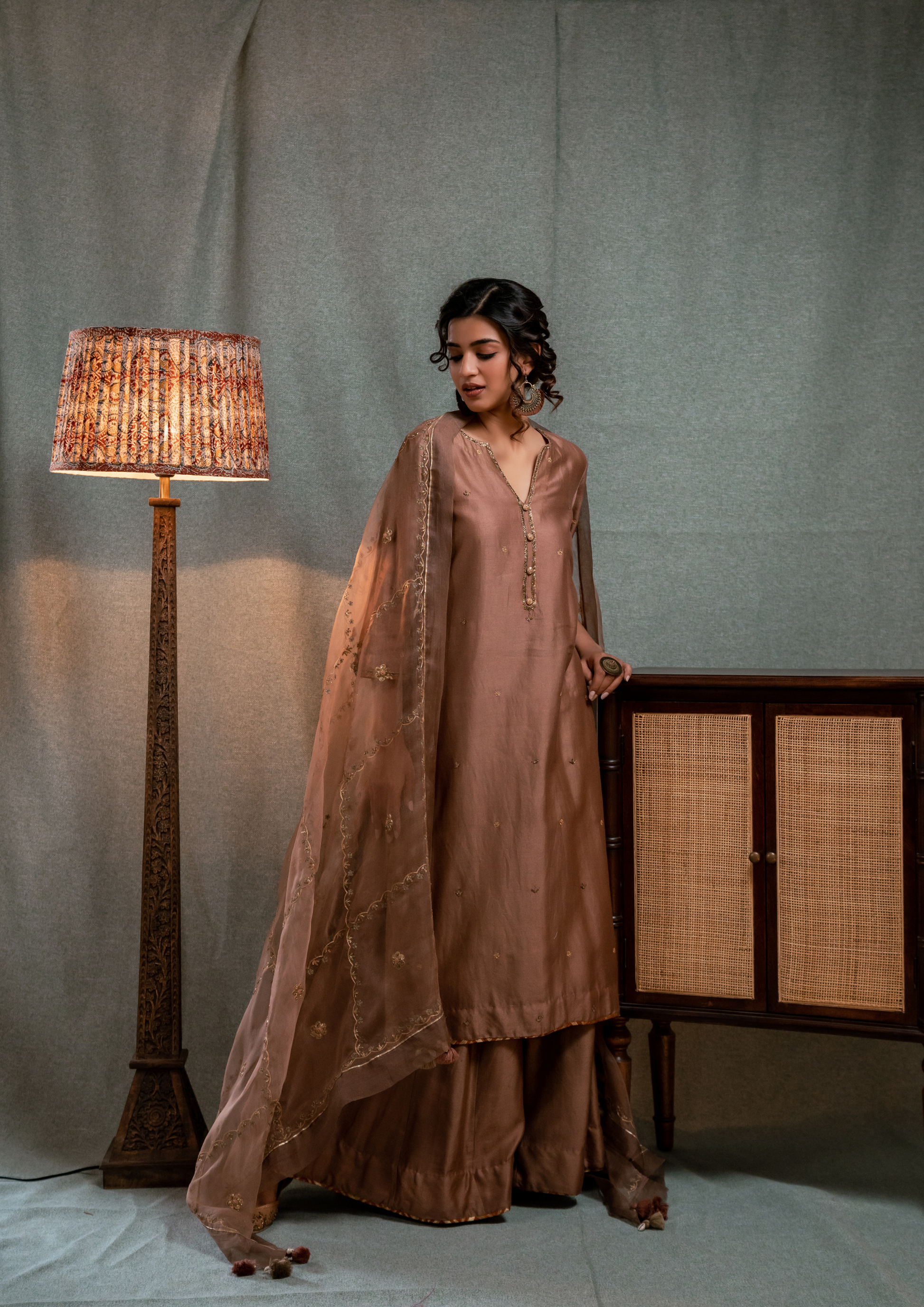 Hand Embroidered Saddle Brown Silk Chanderi with Skirt and Dupatta Set