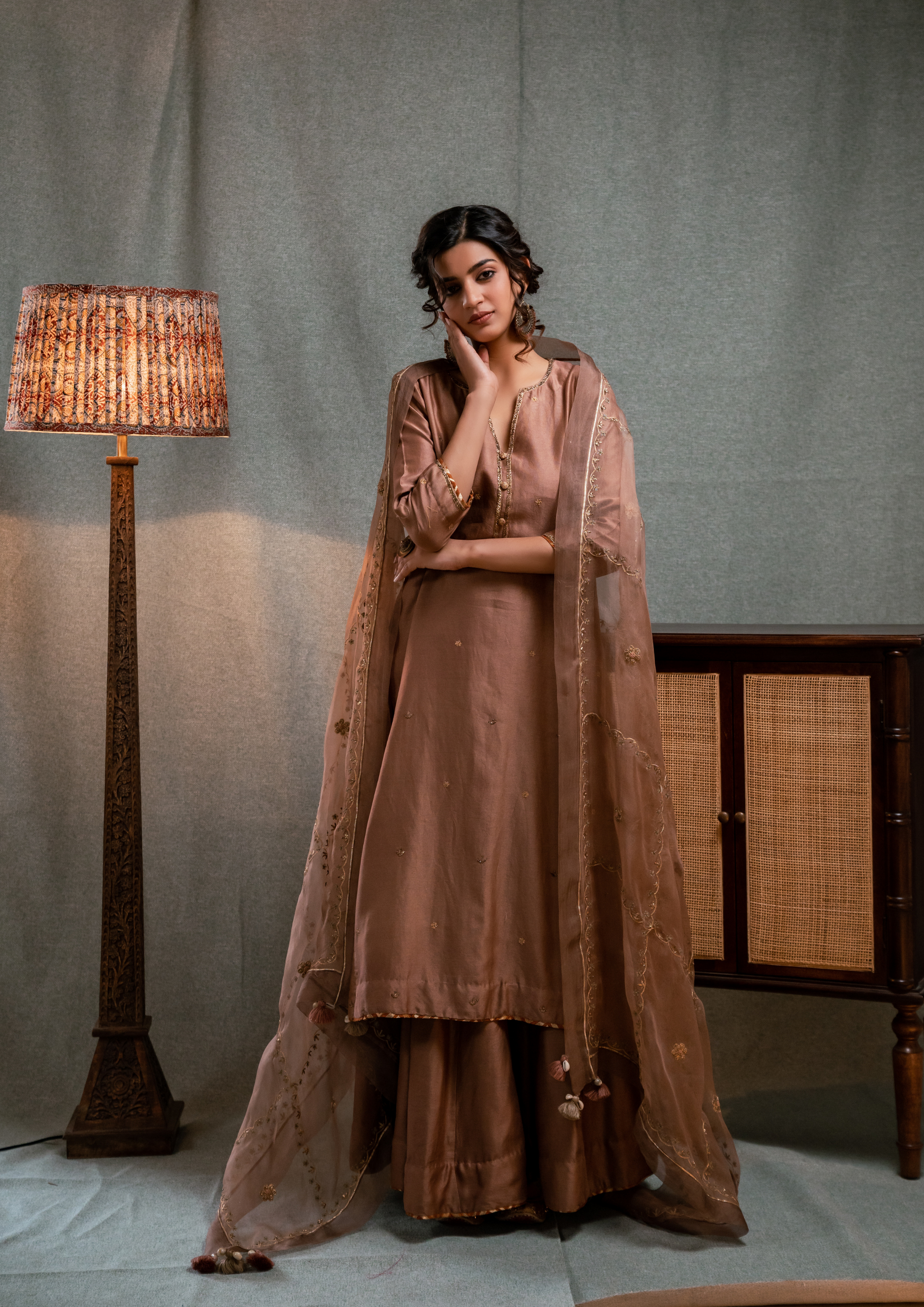 Hand Embroidered Saddle Brown Silk Chanderi with Skirt and Dupatta Set