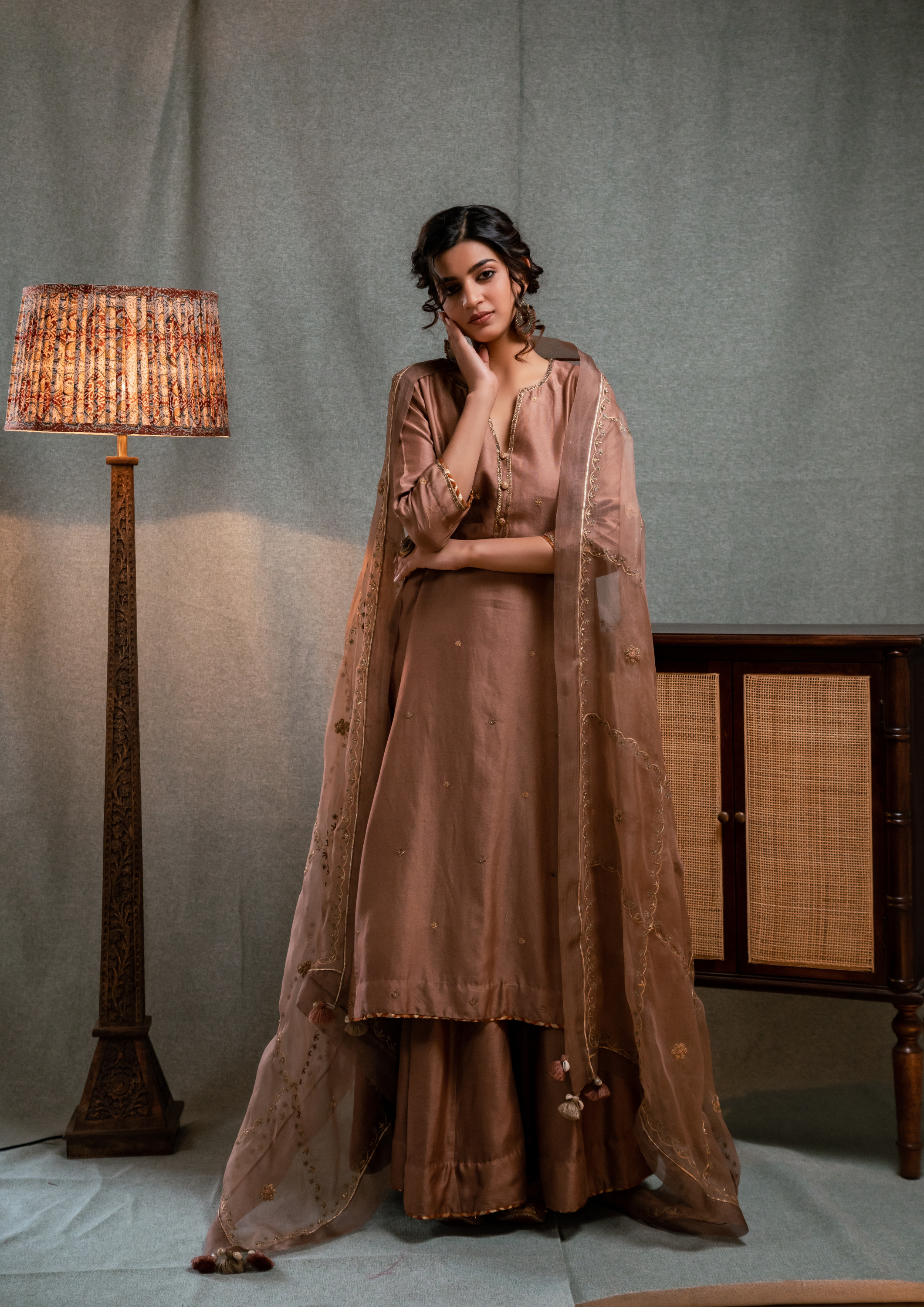 Hand Embroidered Saddle Brown Silk Chanderi with Skirt and Dupatta Set