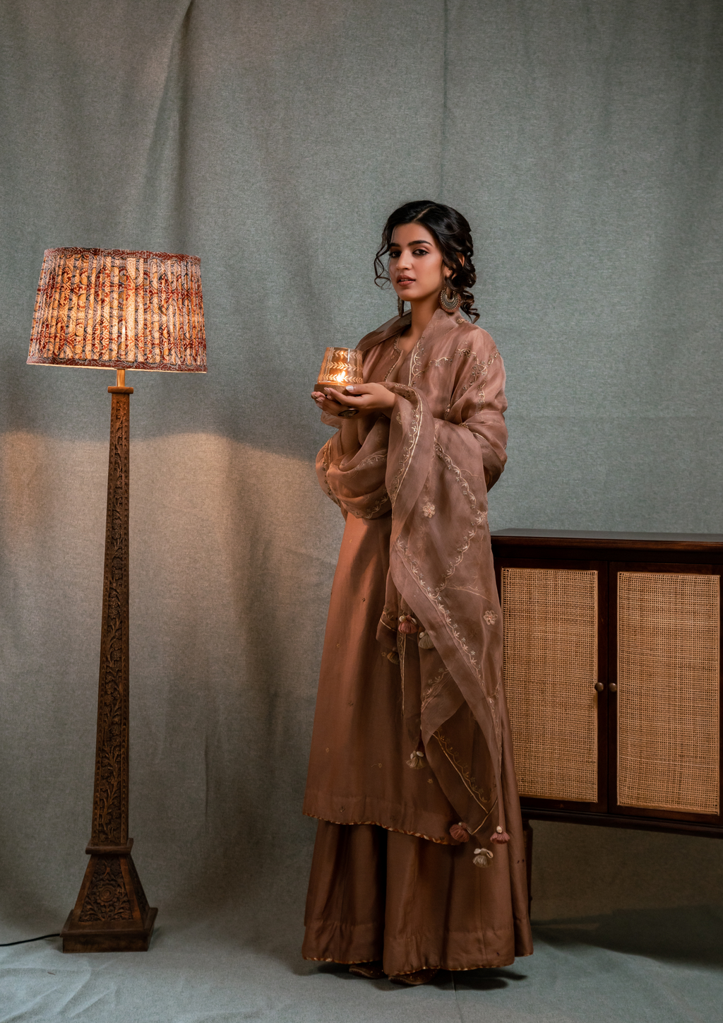 Hand Embroidered Saddle Brown Silk Chanderi with Skirt and Dupatta Set
