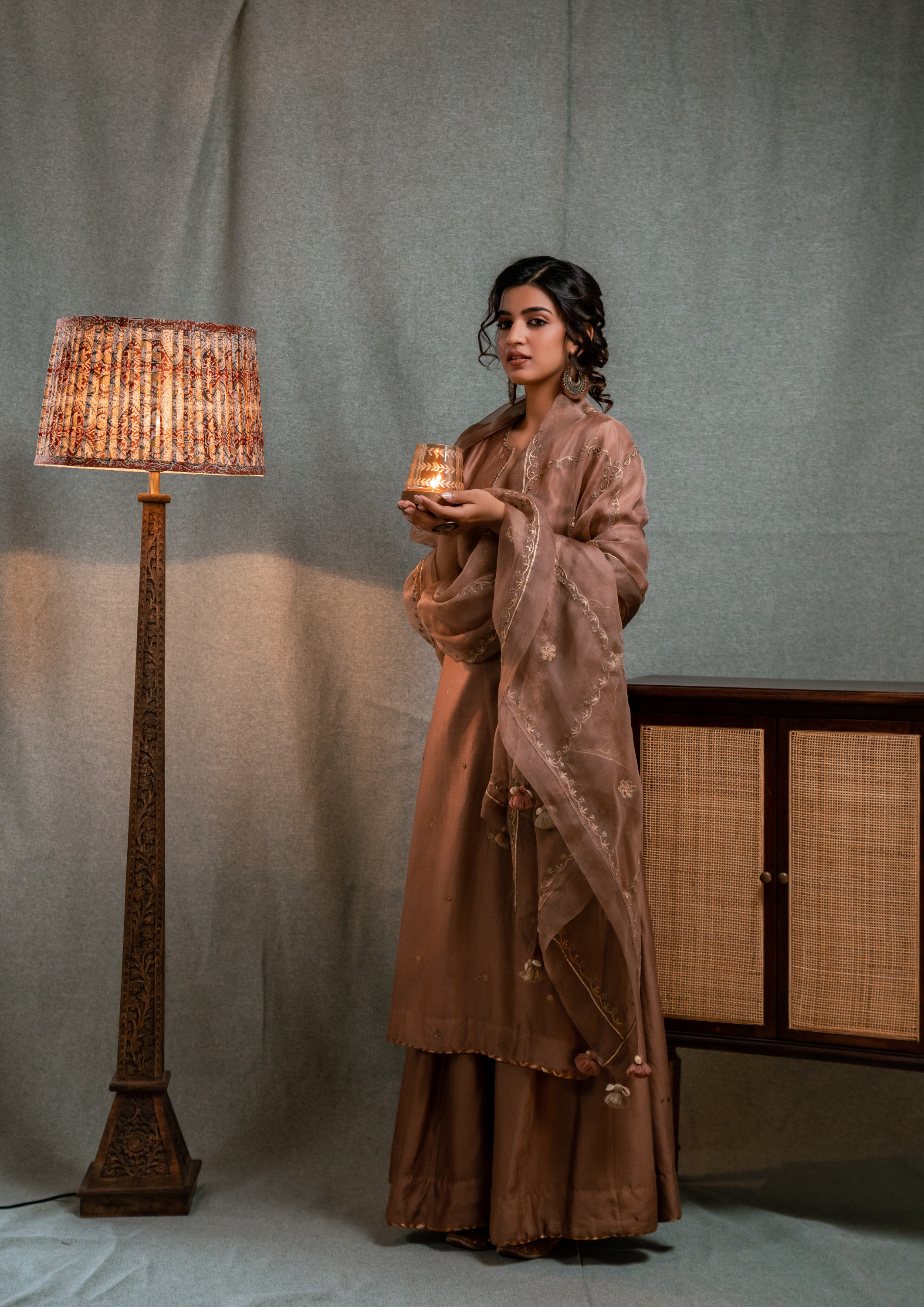 Hand Embroidered Saddle Brown Silk Chanderi with Skirt and Dupatta Set