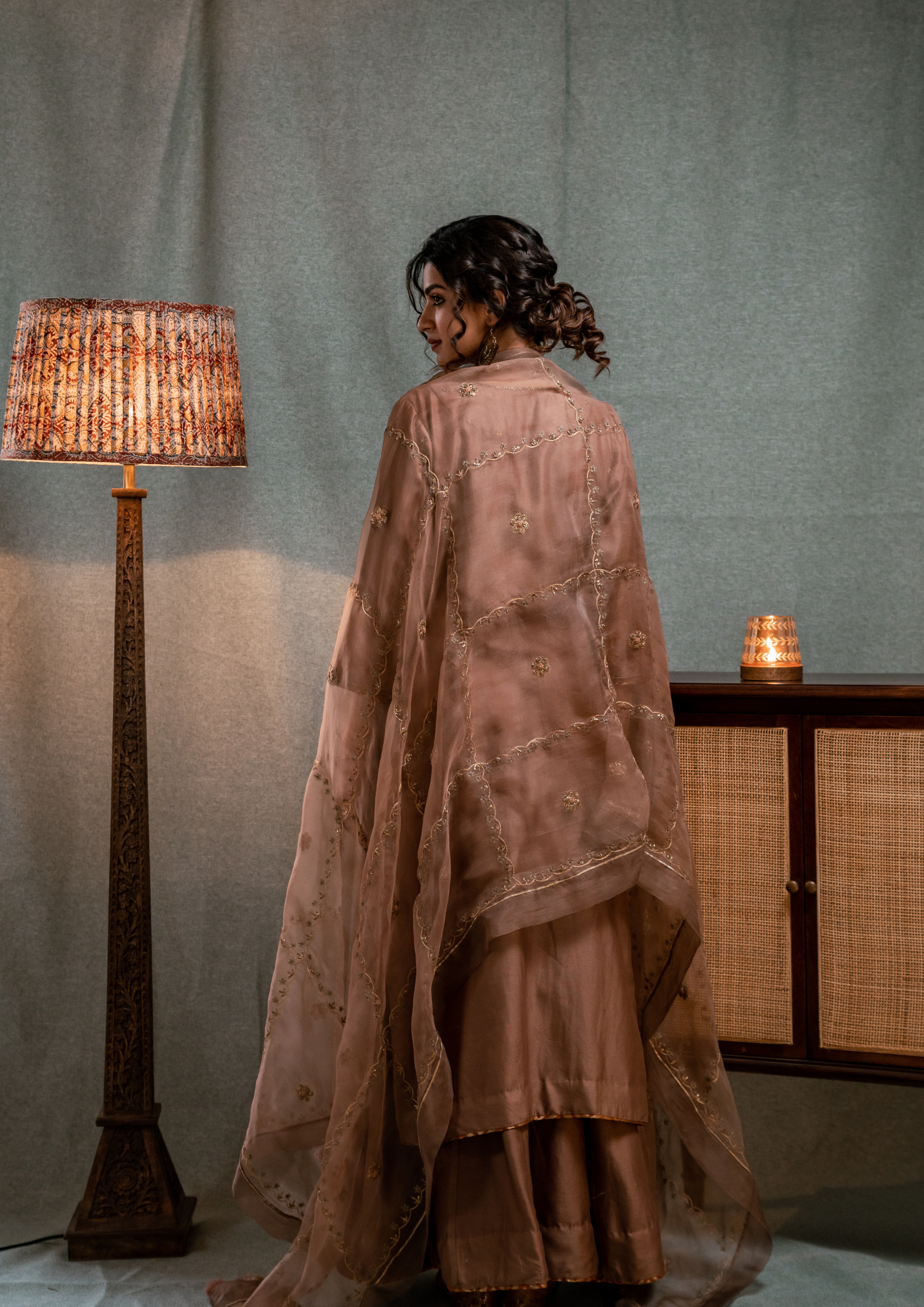 Hand Embroidered Saddle Brown Silk Chanderi with Skirt and Dupatta Set