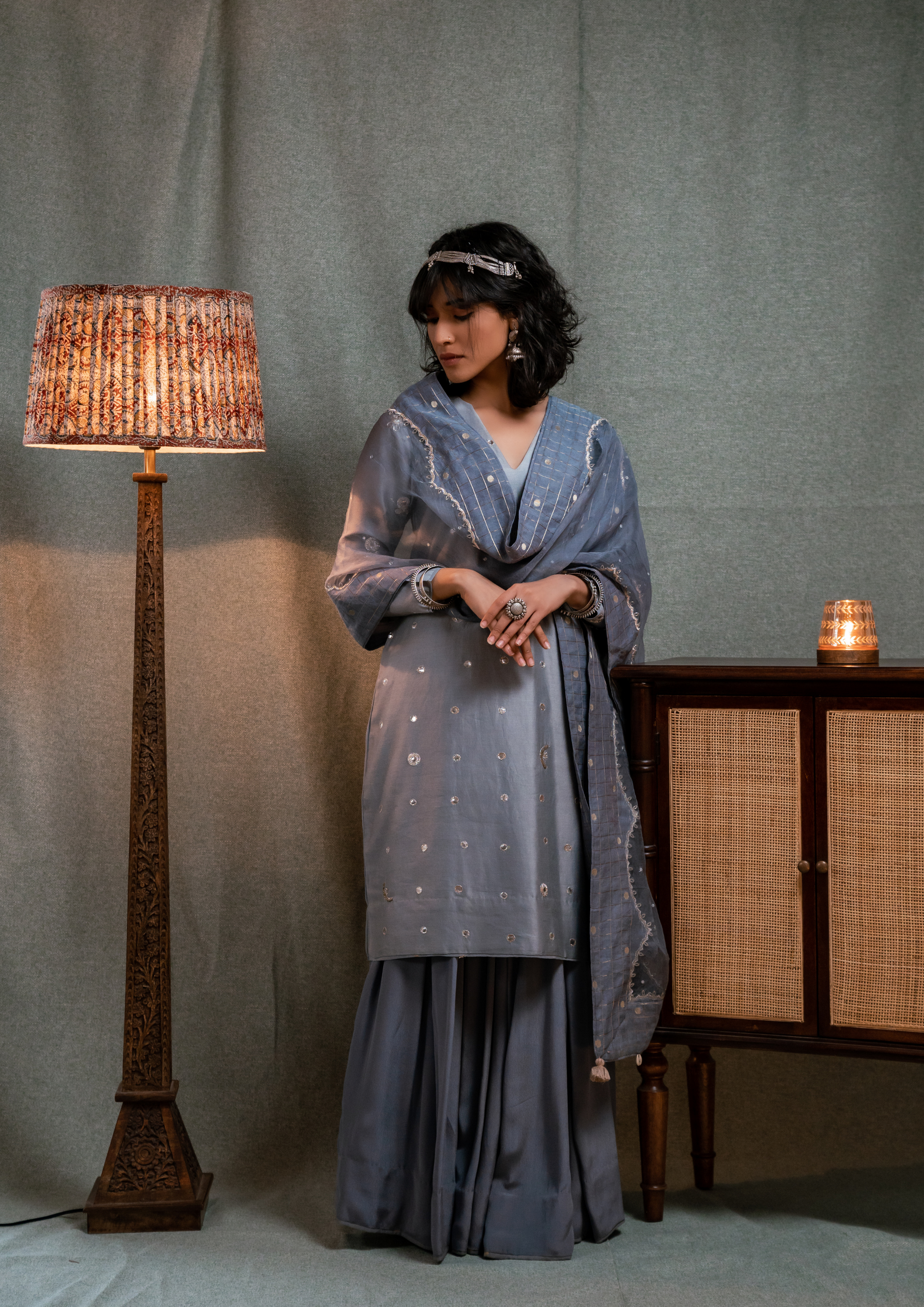 Bright Steel Grey Hand Embroidered Kurta with Skirt and Organza Dupatta